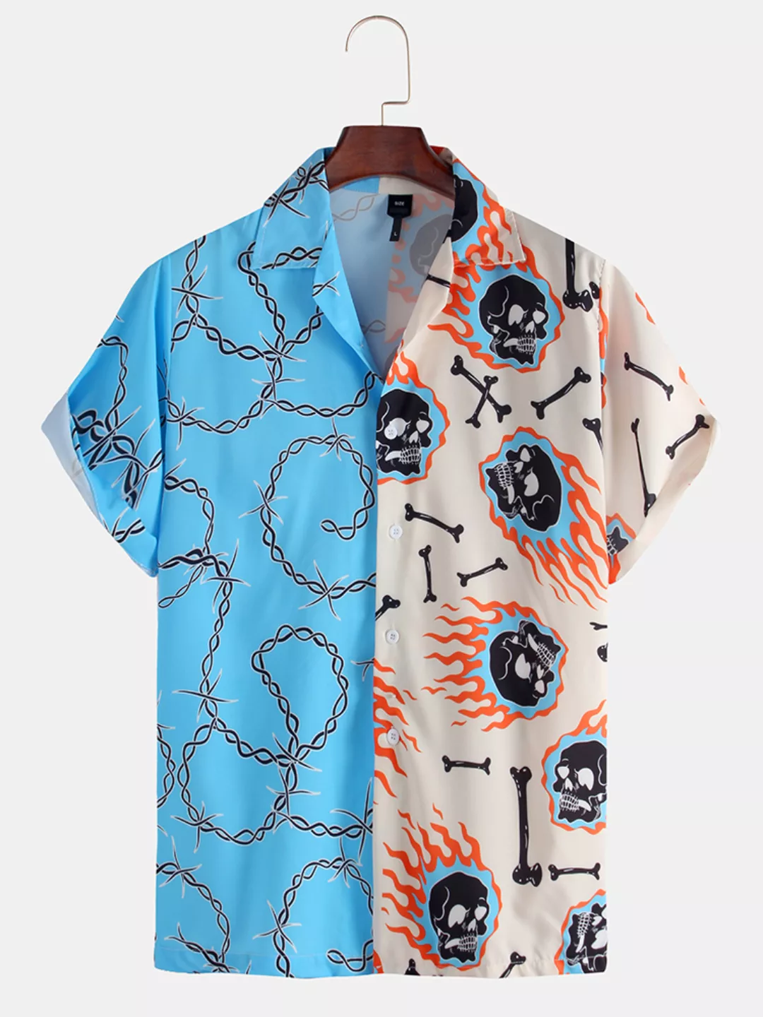 Mens Skull & Chain Pattern Bedrucktes Patchwork-Kurzarmhemd günstig online kaufen