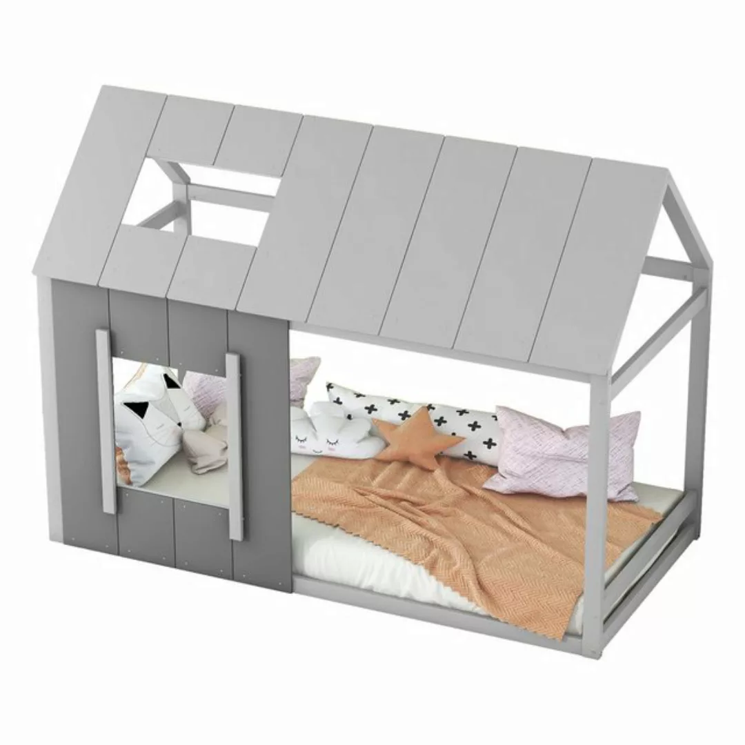 Flieks Kinderbett, Massivholz Einzelbett Hausbett mit Dach und Fenster 90x2 günstig online kaufen