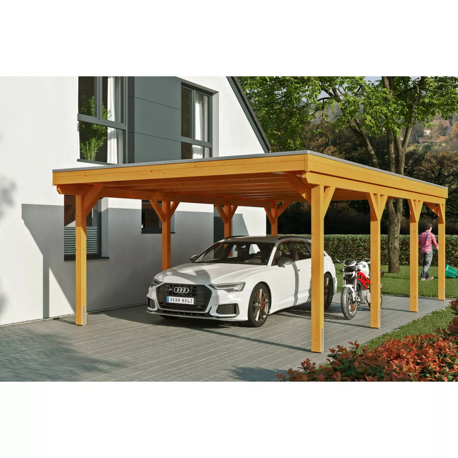 Skan Holz Carport Grunewald 427 cm x 796 cm mit EPDM-Dach Eiche Hell günstig online kaufen