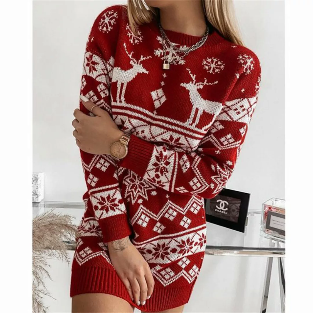 RUZU UG Dirndl Damen Weihnachtspullover Langarm Strickpullover Minikleid Wi günstig online kaufen