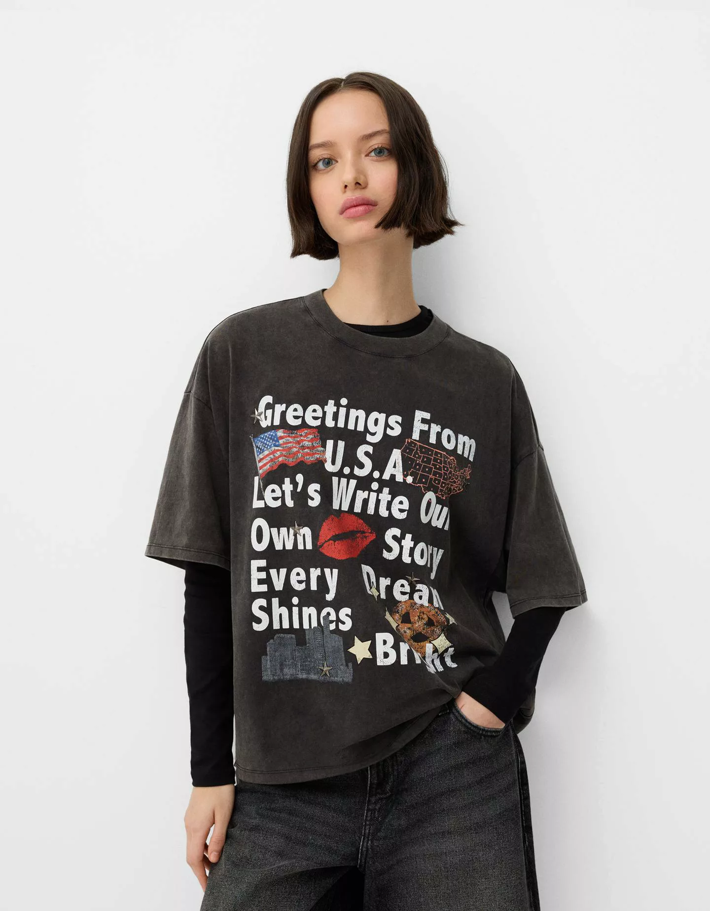 Bershka Oversize-T-Shirt Mit Print Damen M Grau günstig online kaufen