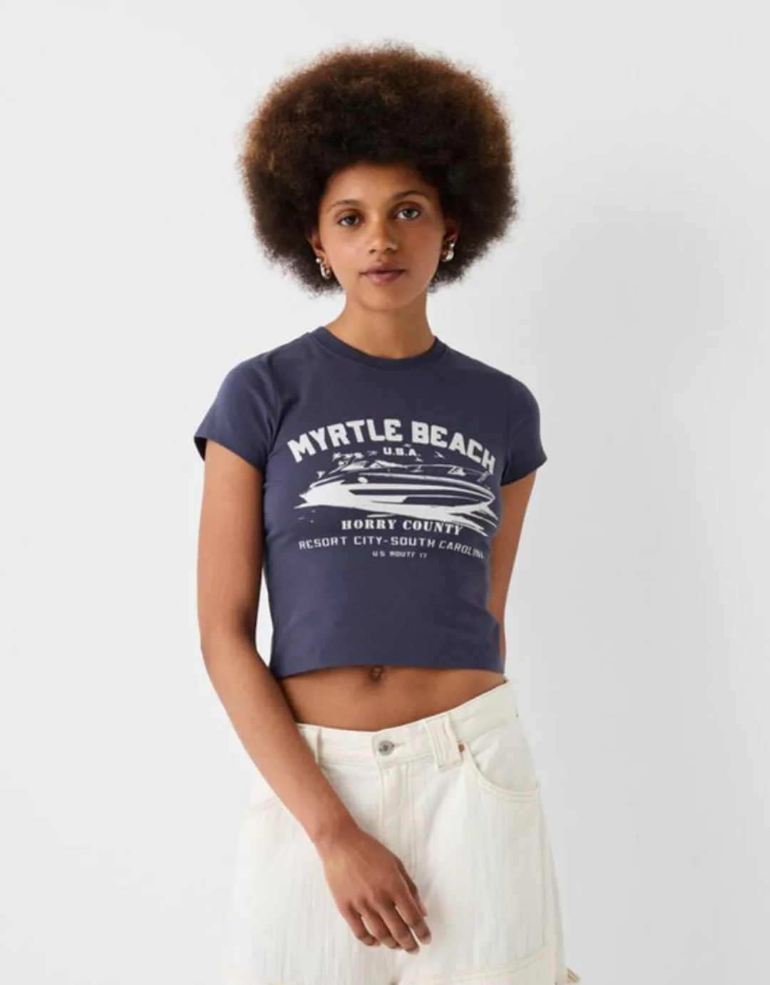 Bershka T-Shirt Mit Print Damen L Marinenblau günstig online kaufen