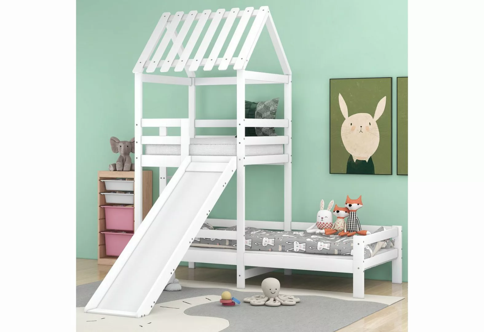 HAUSS SPLOE Kinderbett 200x90cm mit Leiter, Dach, Rutsche, Fallschutz und G günstig online kaufen