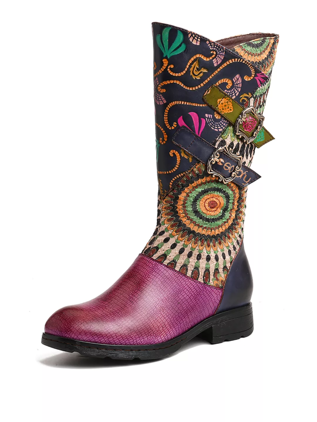 SOCOFY Folkways Muster Metallschnalle Echtes Leder Mid Calf Flat Stiefel günstig online kaufen