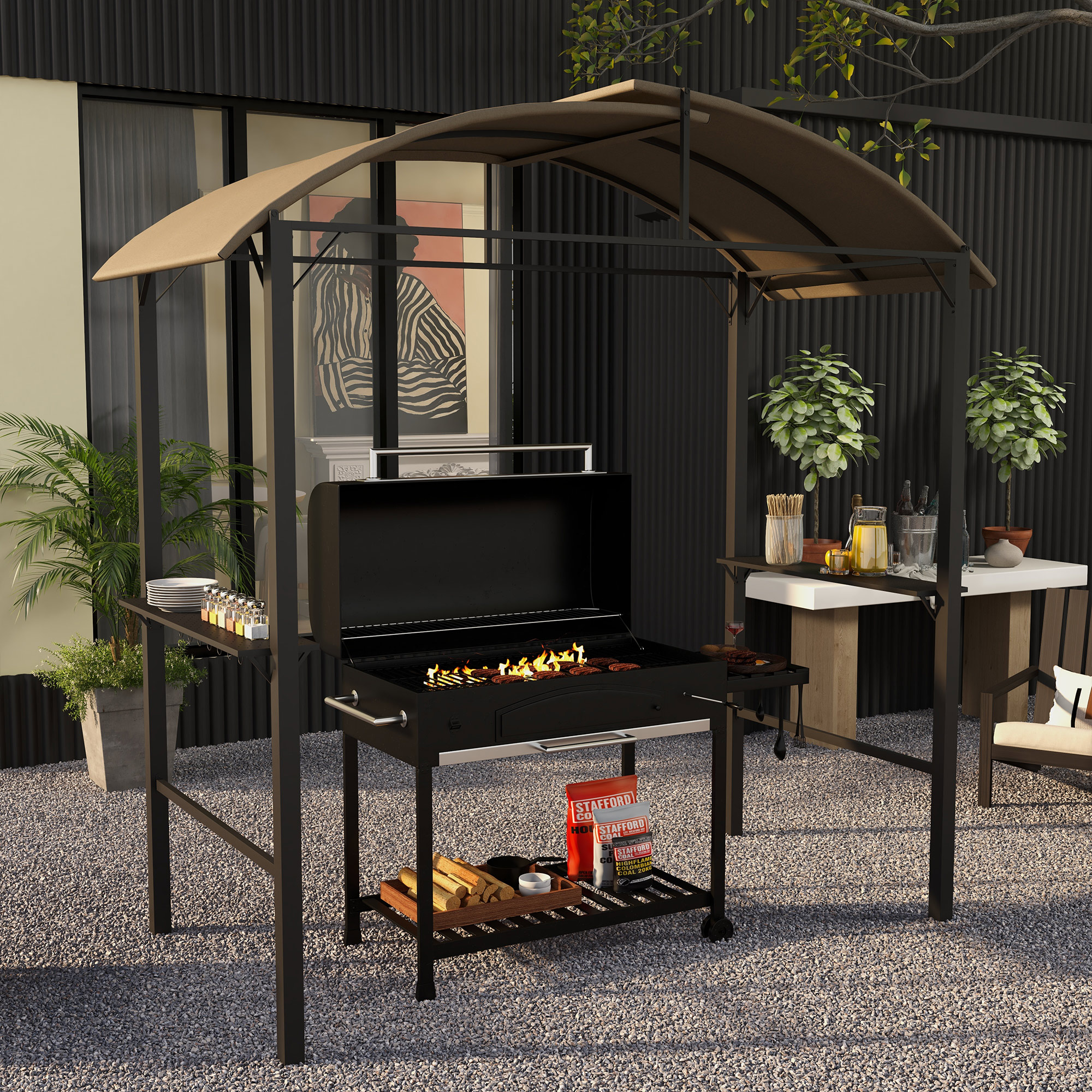 Outsunny BBQ Grillpavillon 1,1 x 2,3m wetterfest mit Polyesterdach und Seit günstig online kaufen