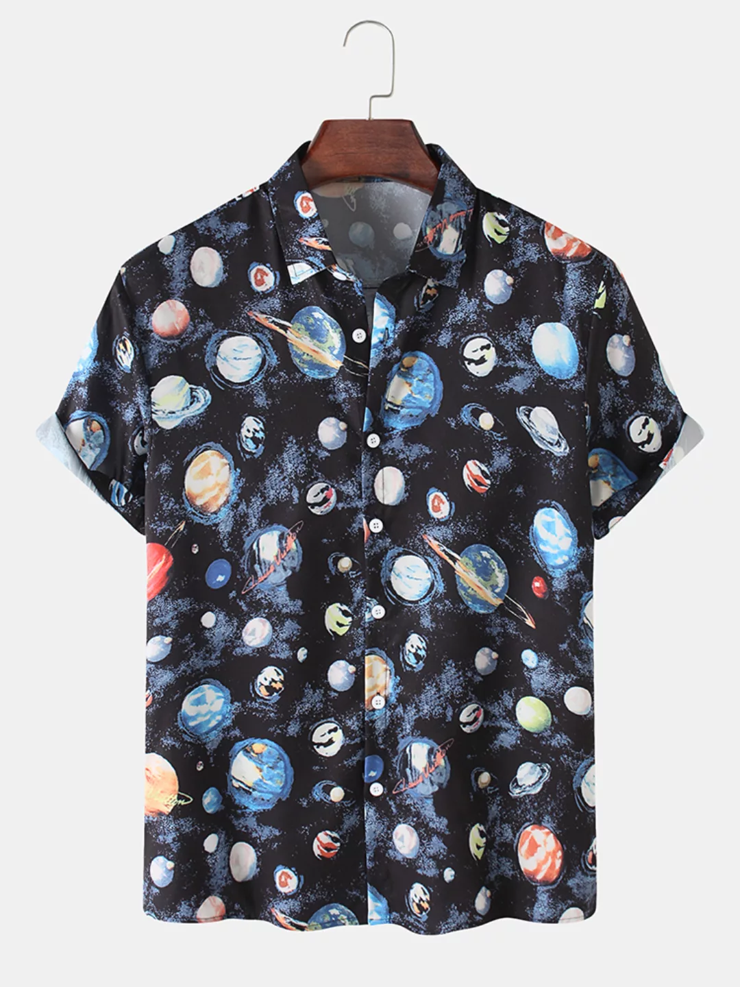 Herren Allover Colorful Planet Print Baumwolle Casual Kurzarmhemden günstig online kaufen