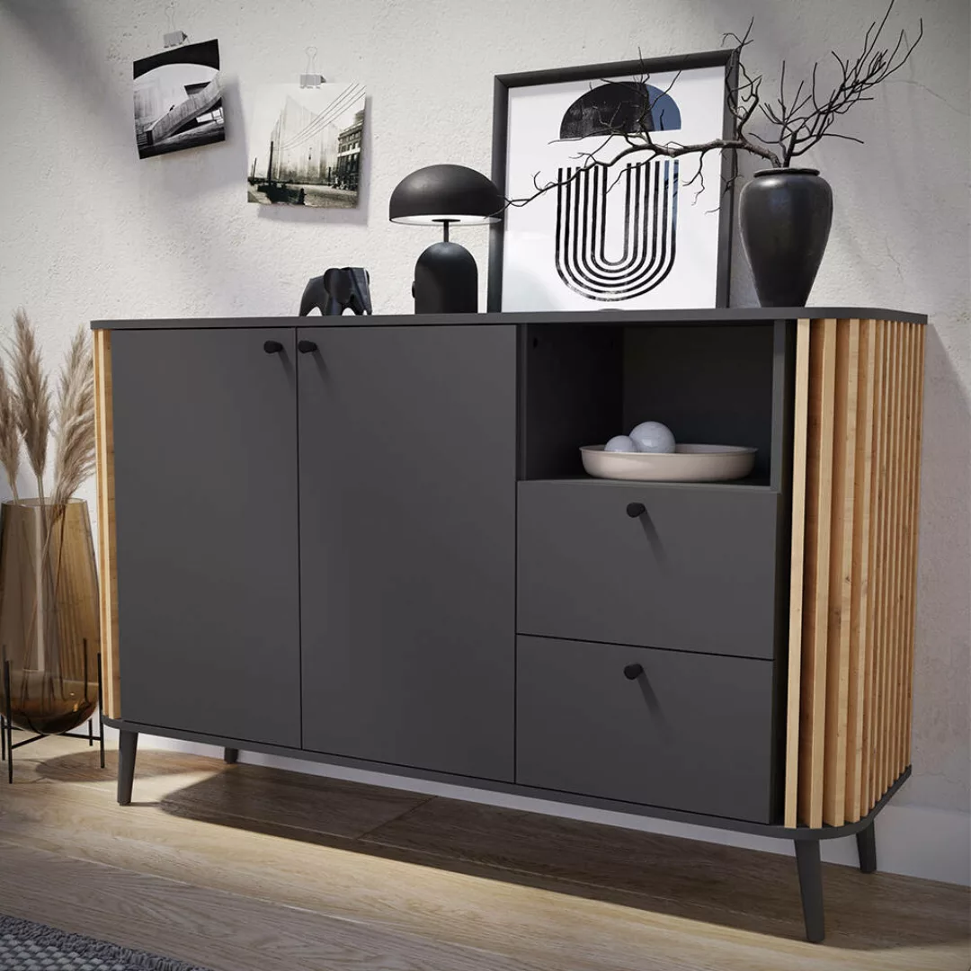 Sideboard grau Retro 138cm breit mit Eiche Lamellen, PONTS-158 günstig online kaufen