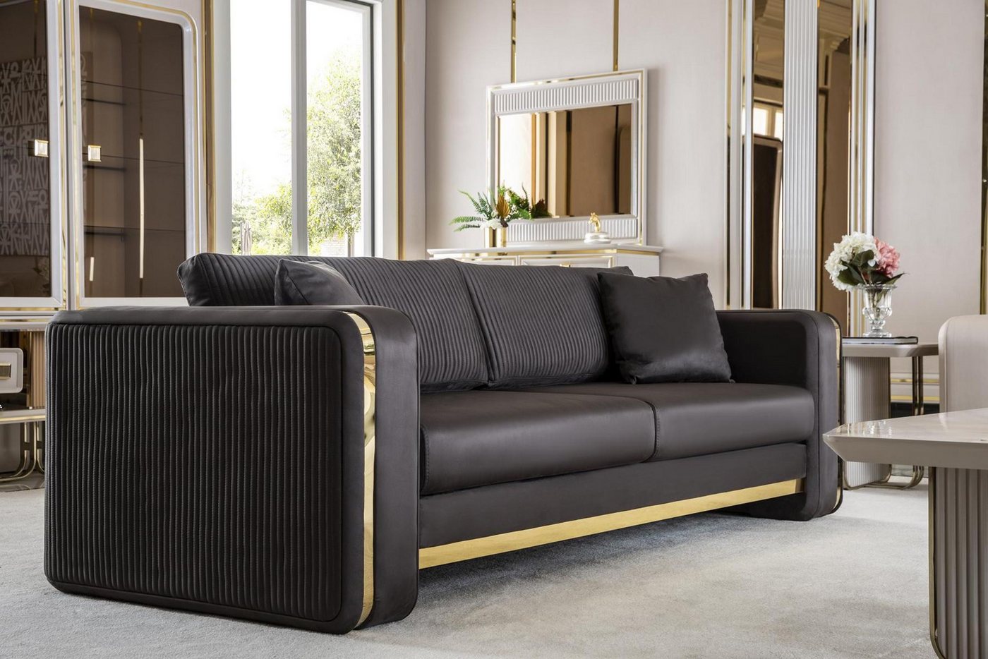 Xlmoebel Sofa Dreisitzer Luxus-Sofa aus Metall und Textil für das Wohnzimme günstig online kaufen