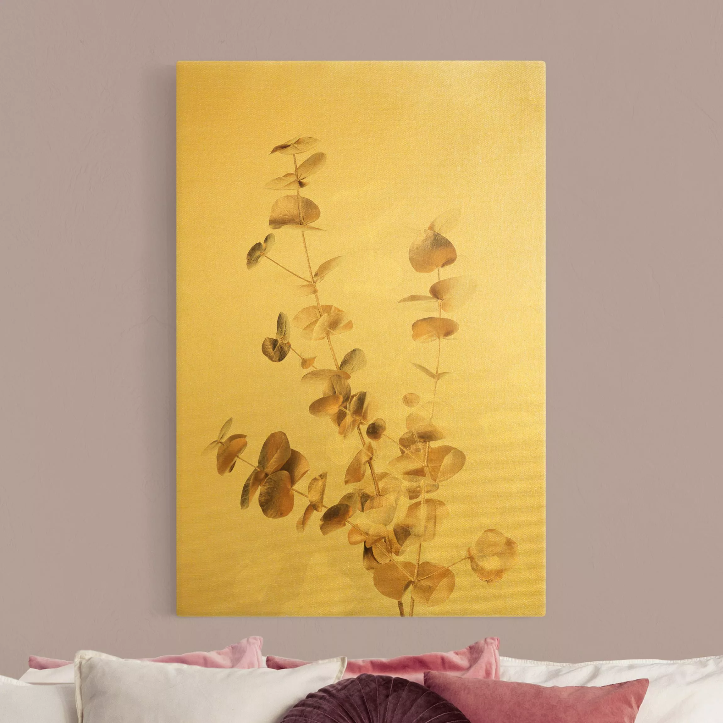 Leinwandbild Gold Goldene Eukalyptuszweige mit Weiß günstig online kaufen