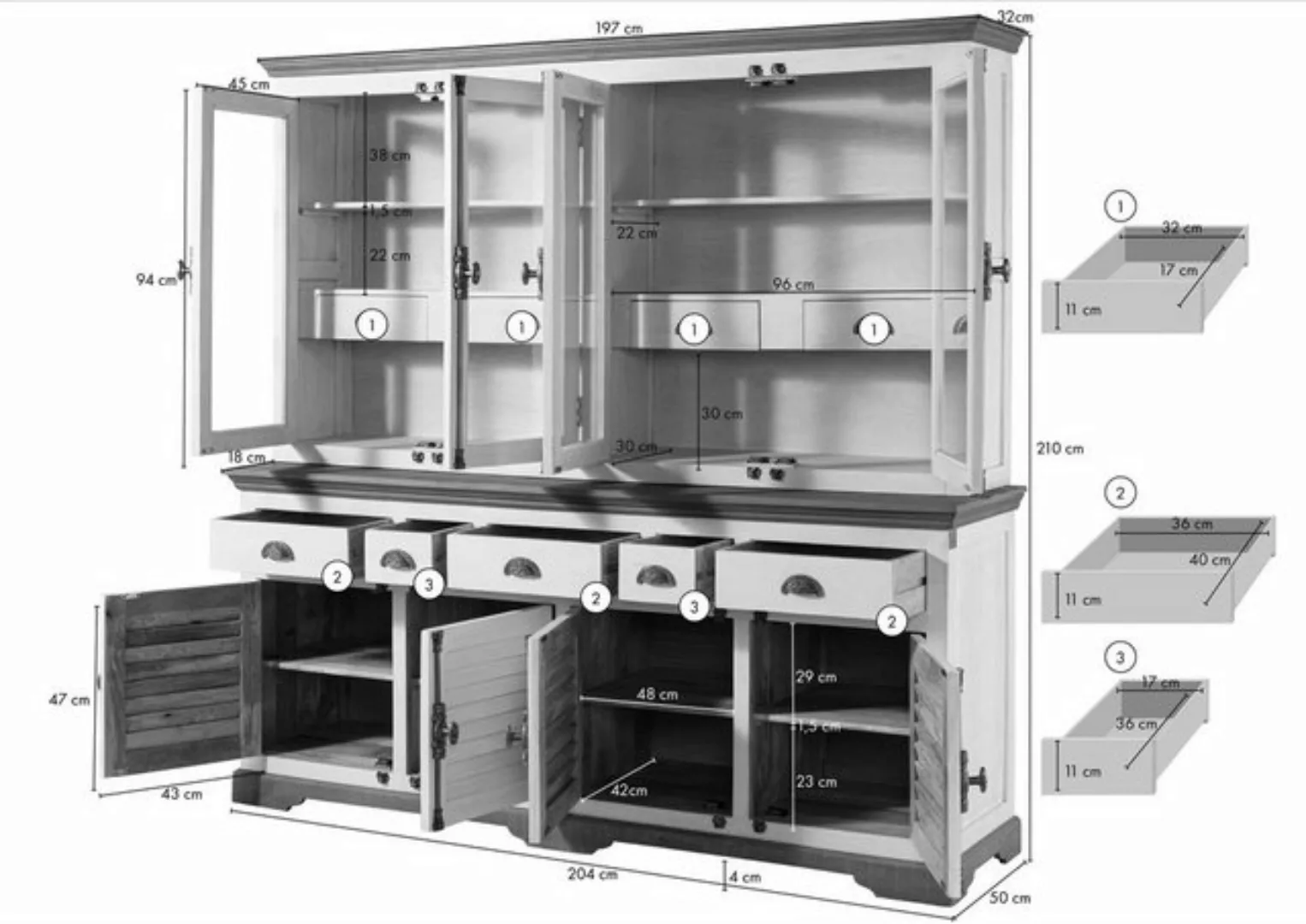 Massivmoebel24 Buffet Mango 204x50x210 weiß lackiert TOULOUSE #103 günstig online kaufen