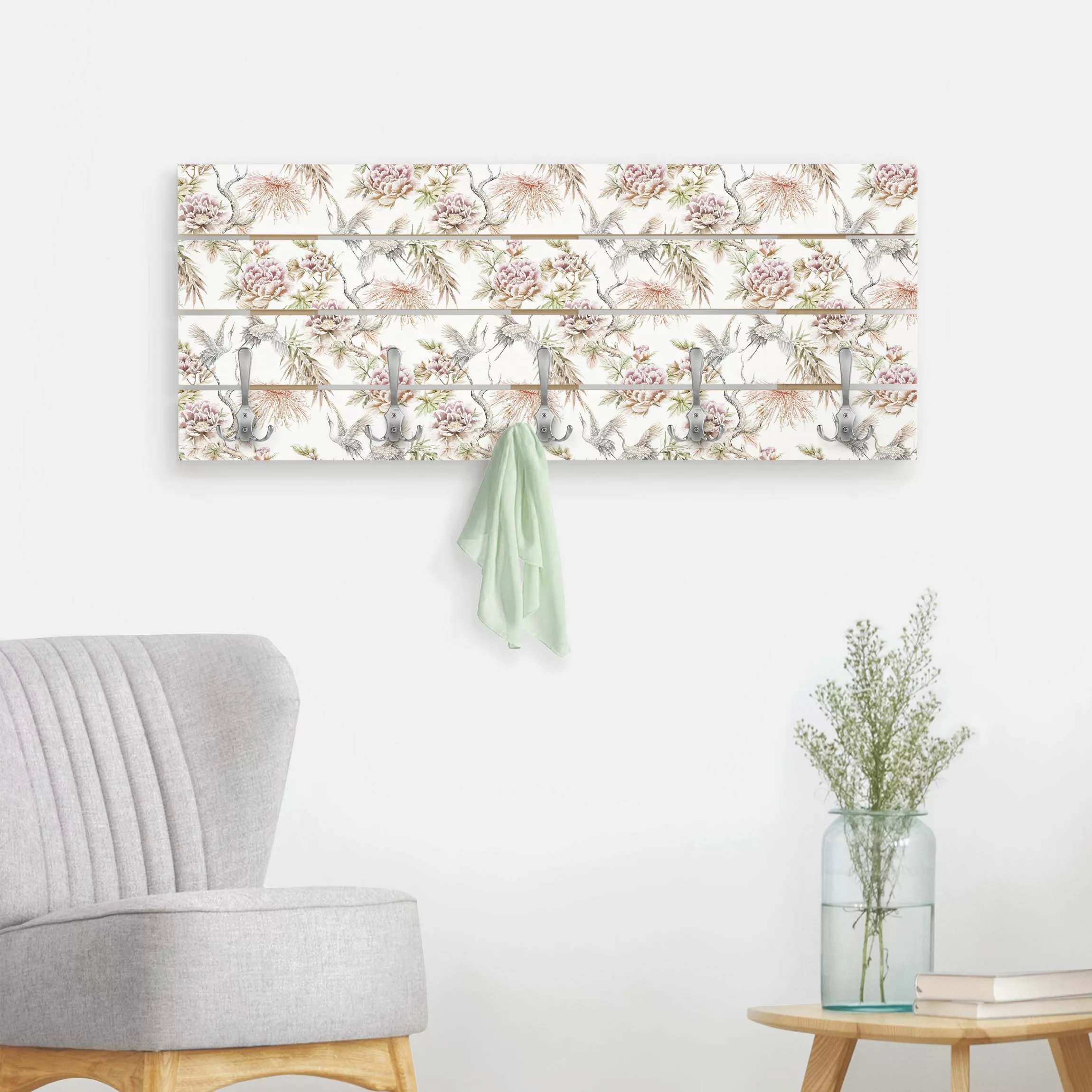 Wandgarderobe Aquarell Vögel mit großen Blüten günstig online kaufen