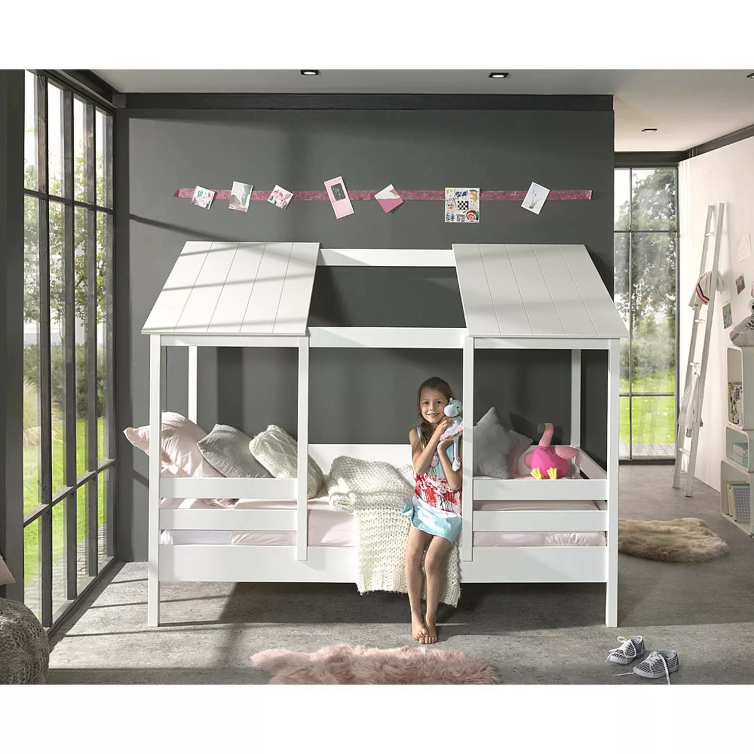 Kinderbett Hausbett ALEXANDRIA-12 mit 90 x 200 cm Liegefläche, offenes Dach günstig online kaufen