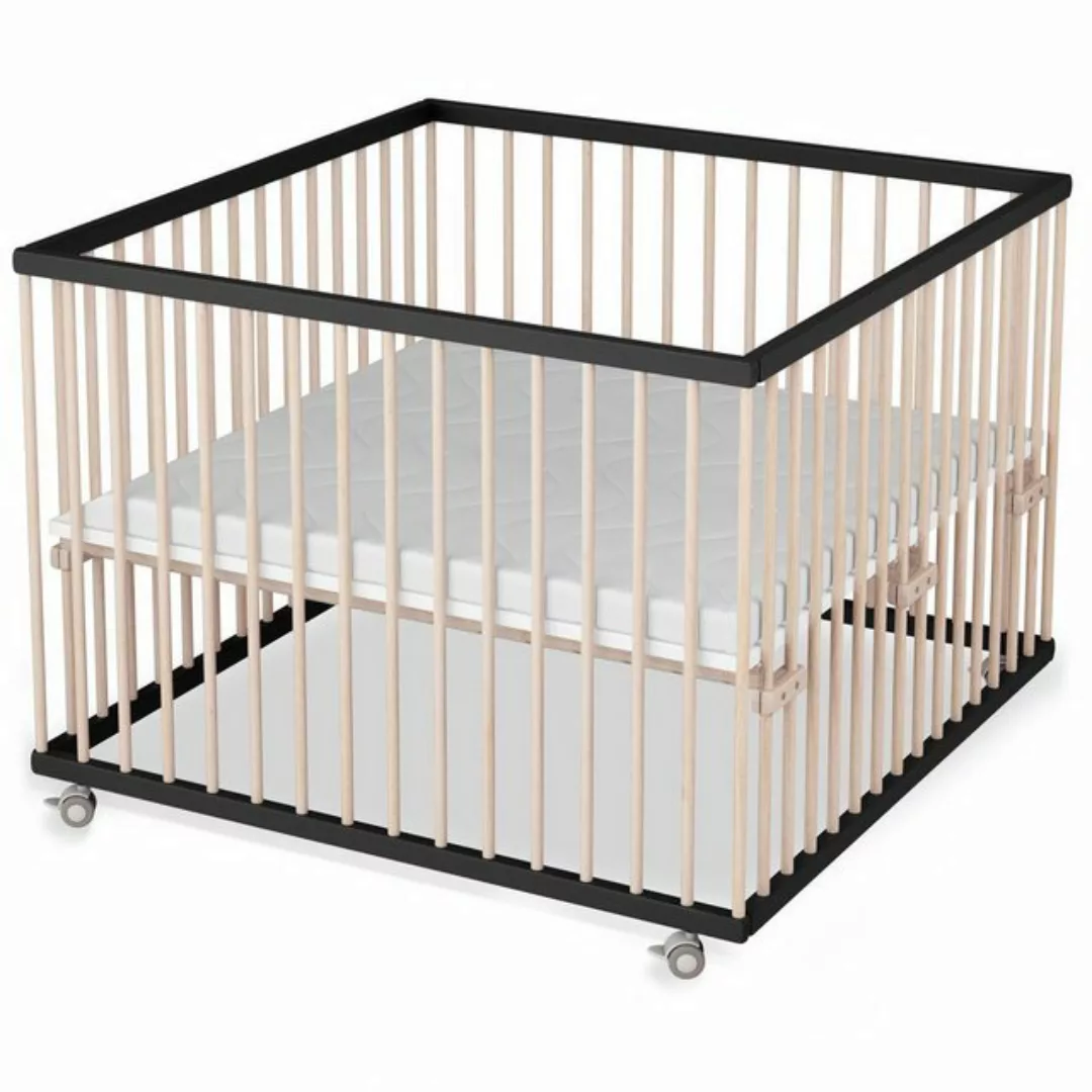 Sämann Babybett Laufgitter 100x100 cm mit Matratze schwarz/natur Premium Ko günstig online kaufen