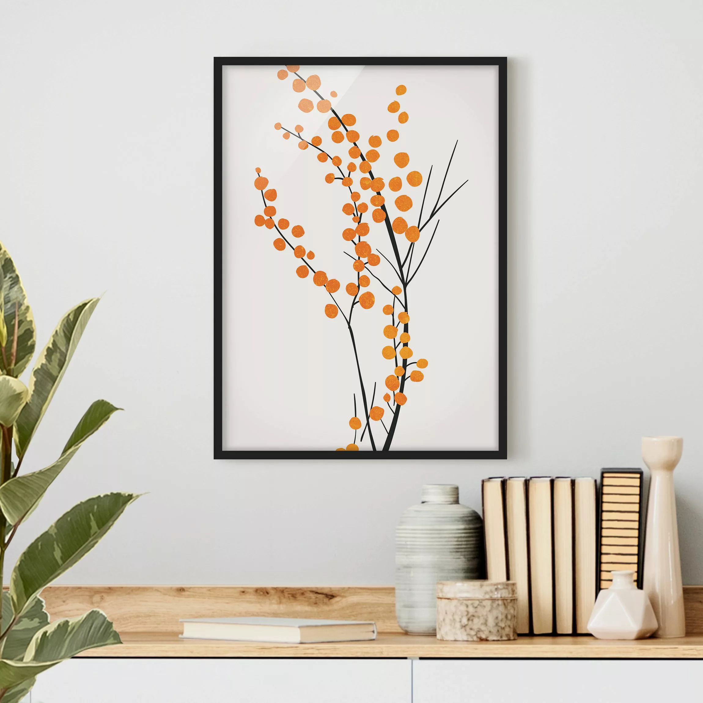 Bild mit Rahmen Grafische Pflanzenwelt - Beeren Orange günstig online kaufen