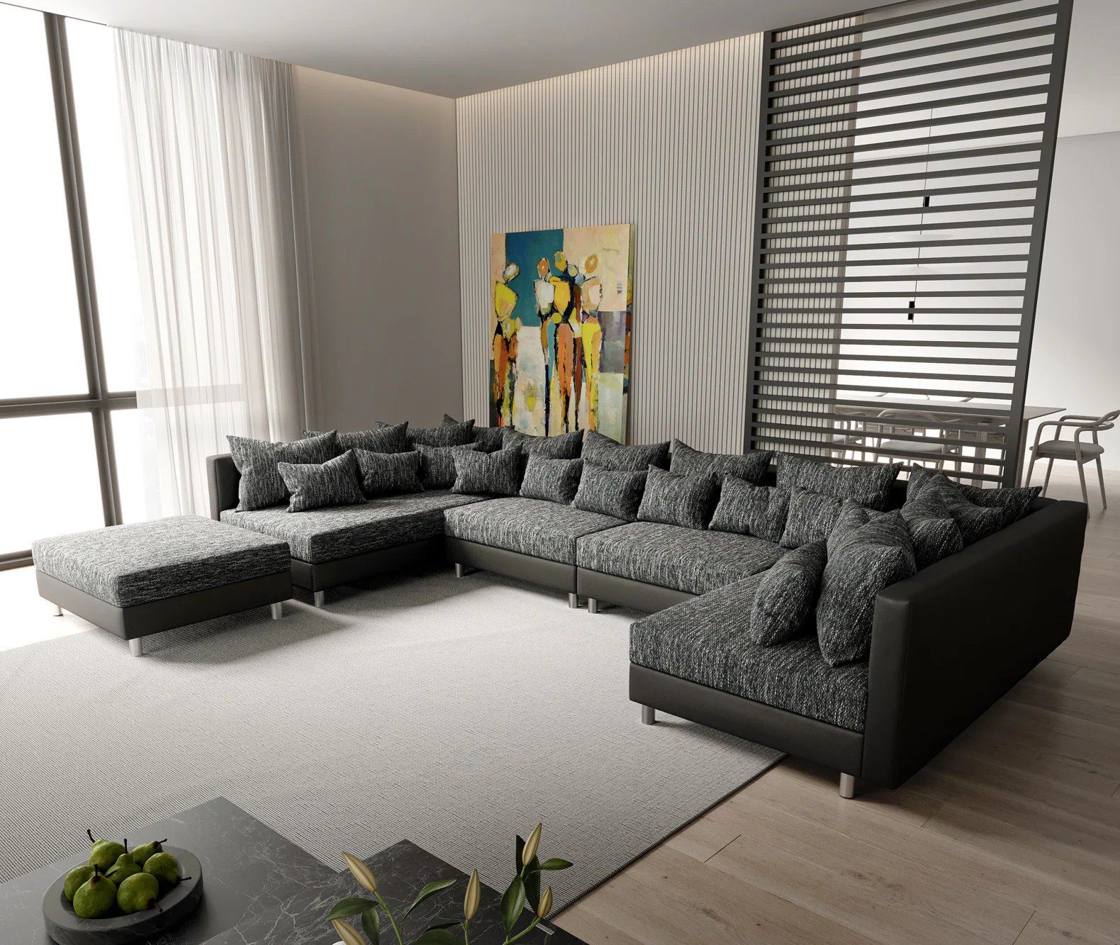Wohnlandschaft Clovis XL Schwarz Modulsofa mit Hocker günstig online kaufen