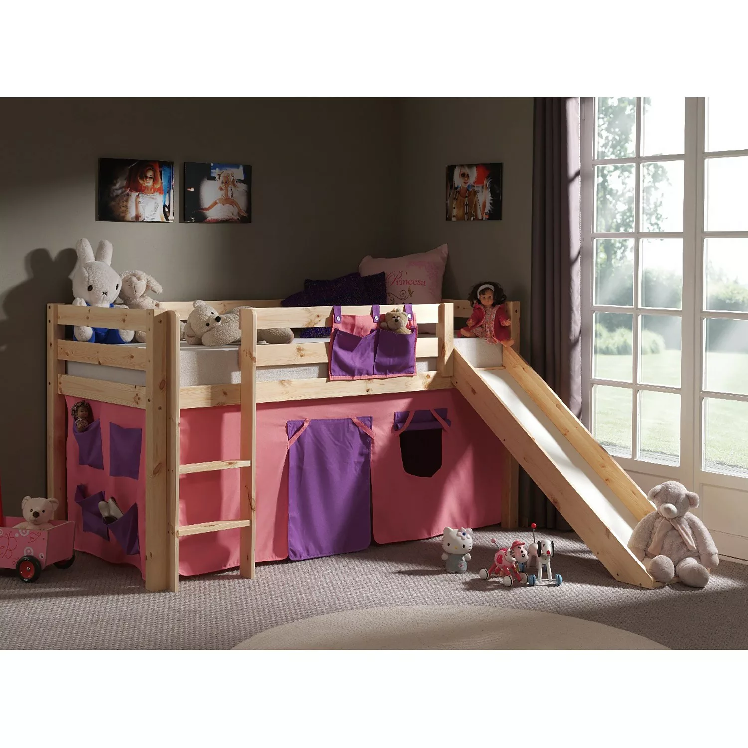 Kinderzimmer Spielbett PINOO-12 mit Textil Set Bella incl. Rutsche in Kiefe günstig online kaufen