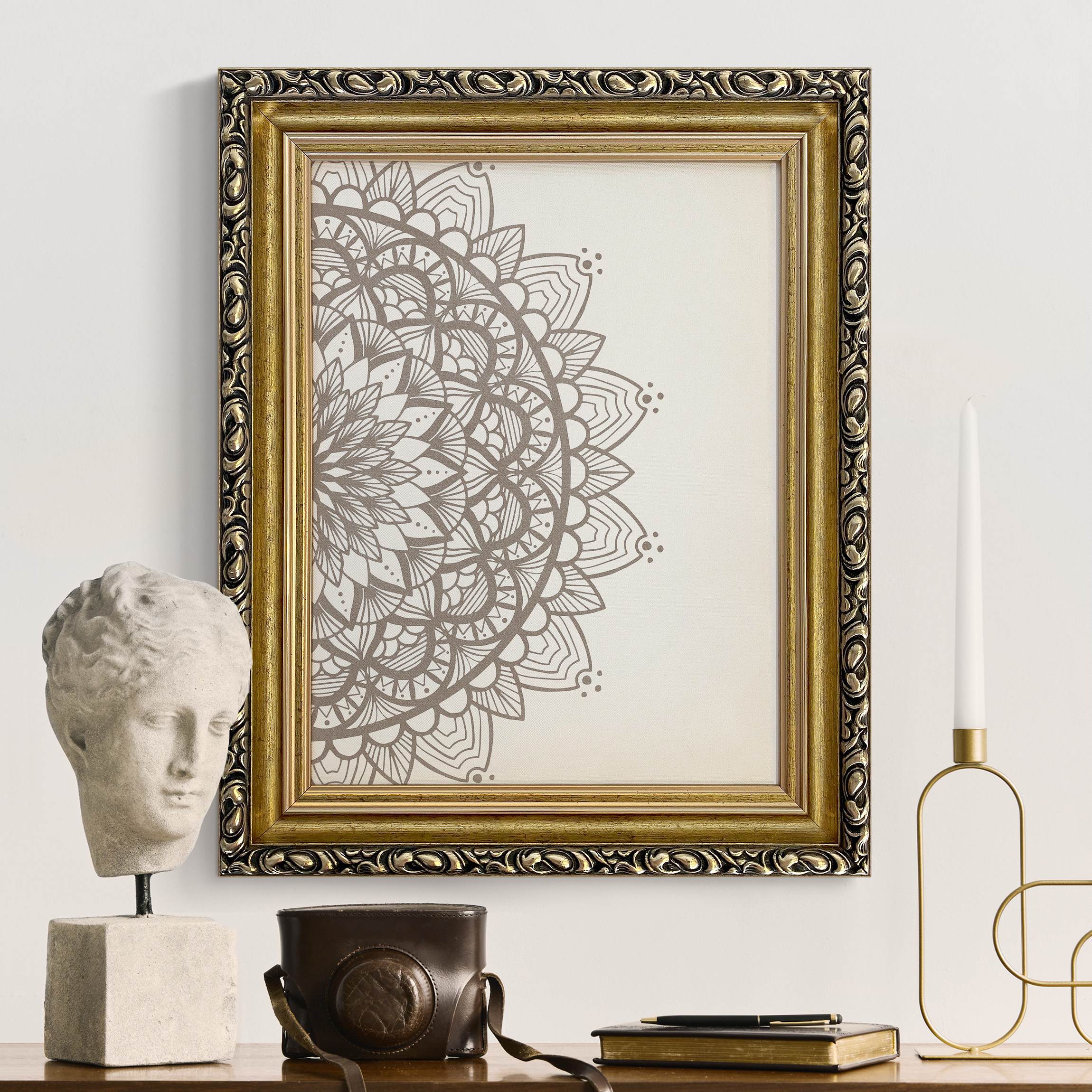 Gerahmtes Leinwandbild Mandala Illustration shabby beige weiß günstig online kaufen