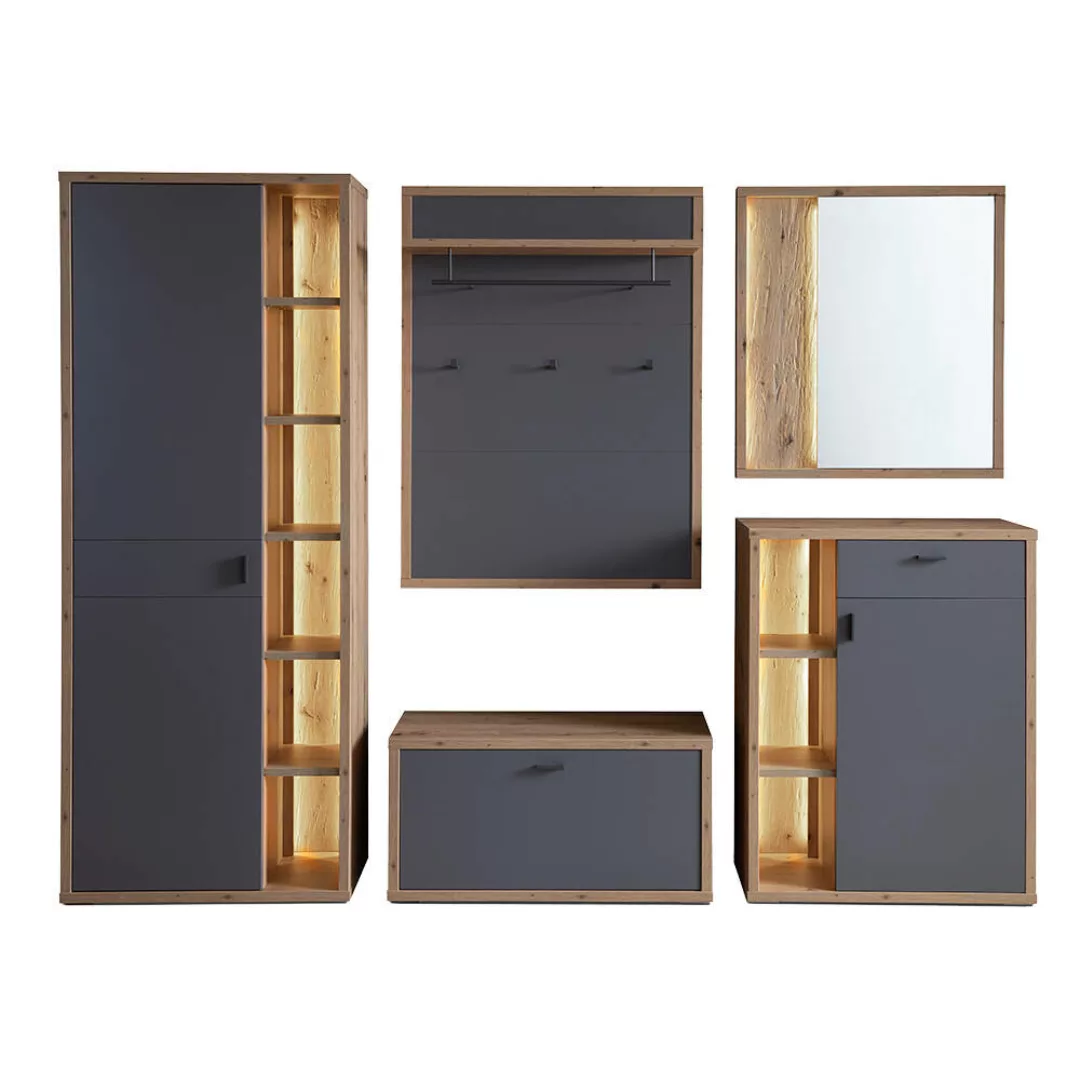 Garderoben Set 5-teilig mit Beleuchtung, grau matt, Eiche LAKELAND-05 günstig online kaufen