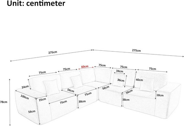 MODFU Ecksofa 5-Sitzer Sofa, Polstersofa, Sofa 5 Teile, übergroßes Ecksofa günstig online kaufen