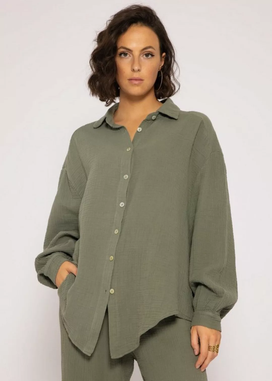 SASSYCLASSY Longbluse Oversize Musselin Bluse Damen Langarm Hemdbluse lang günstig online kaufen