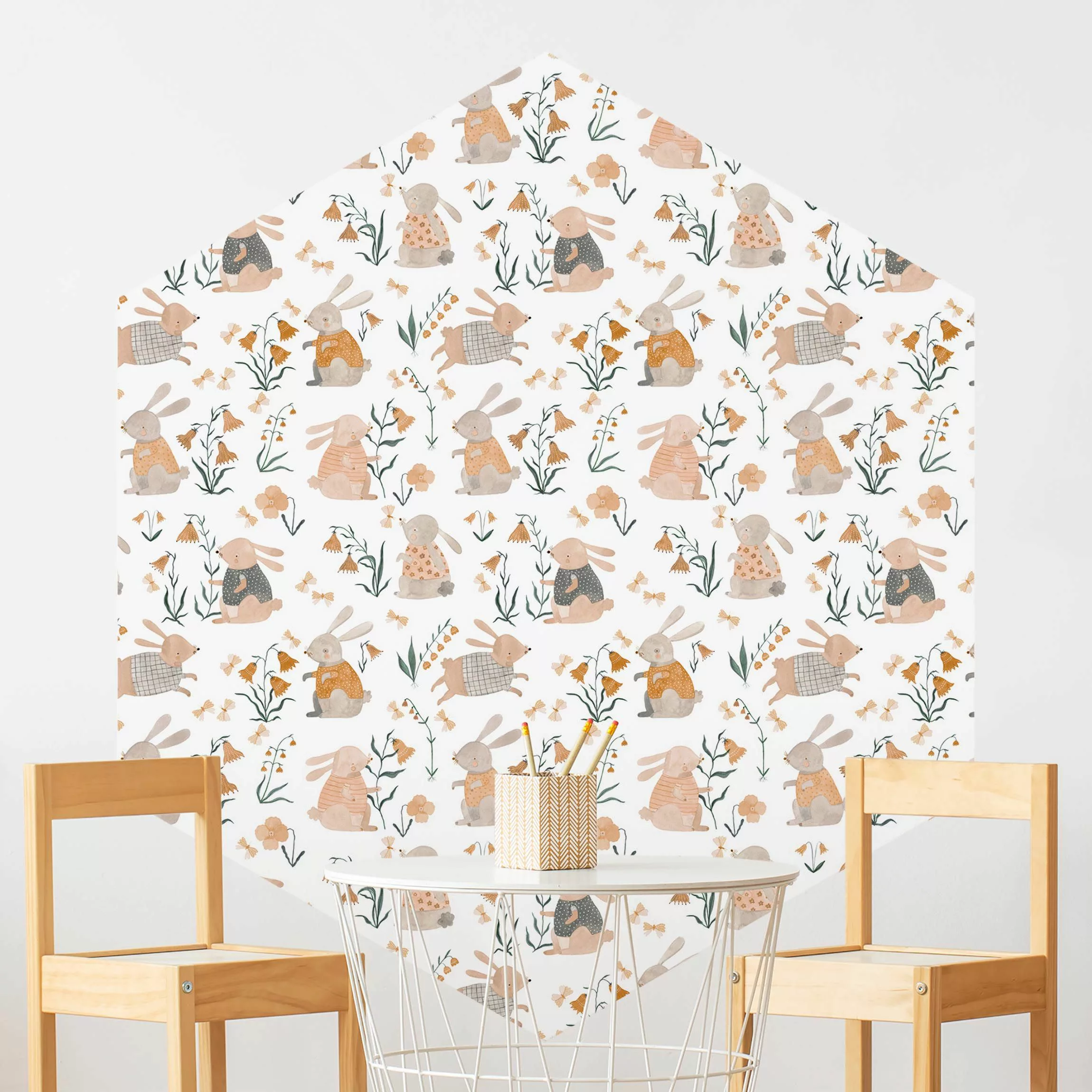 Hexagon Tapete selbstklebend Frühlingshasen günstig online kaufen