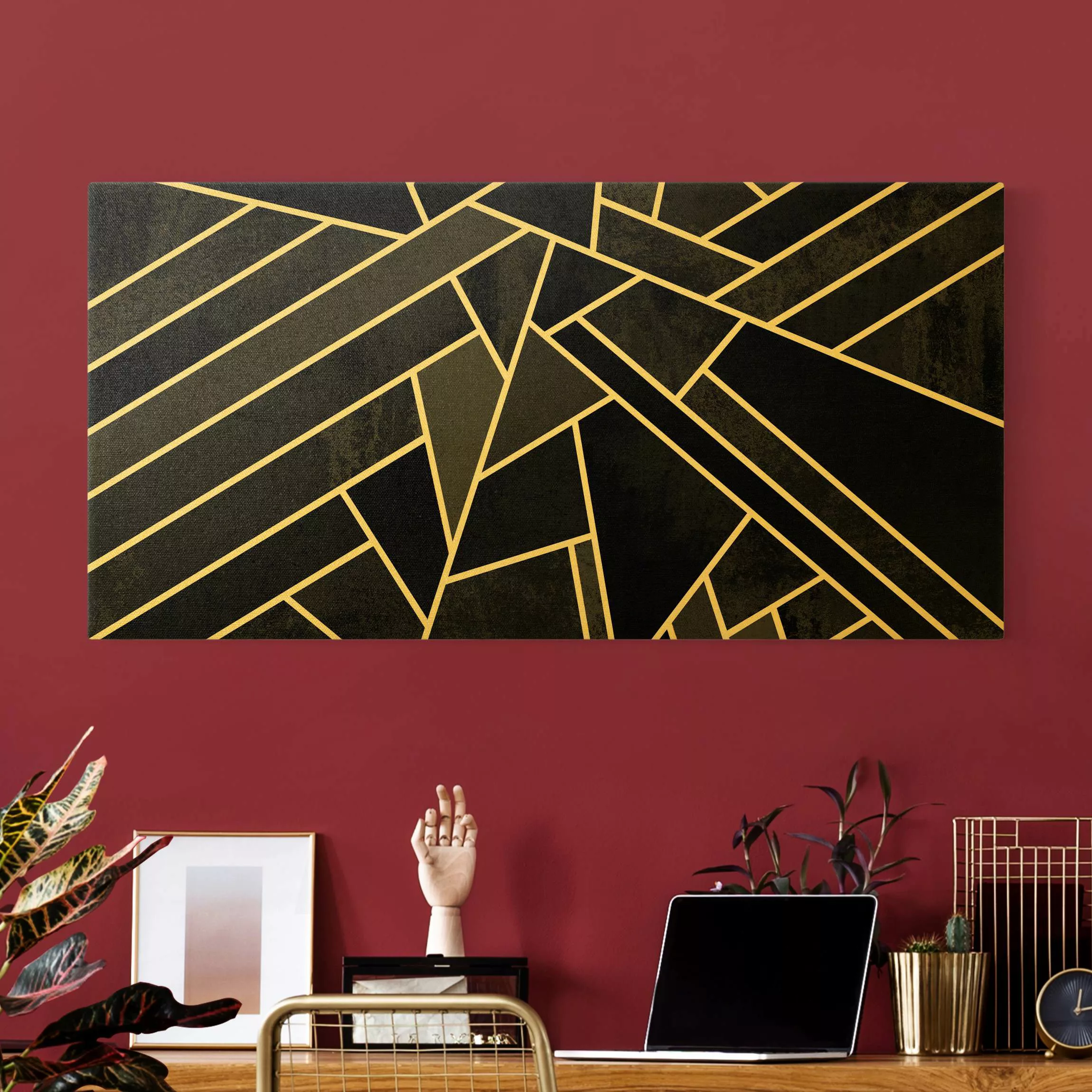 Leinwandbild Gold Goldene Geometrie - Schwarze Dreiecke günstig online kaufen