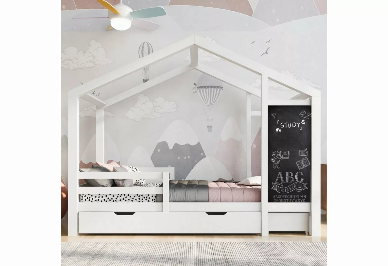 EXTSUD Kinderbett Babybett 90 x 200 cm, Holzbett mit Tafel und 2 Schubladen günstig online kaufen