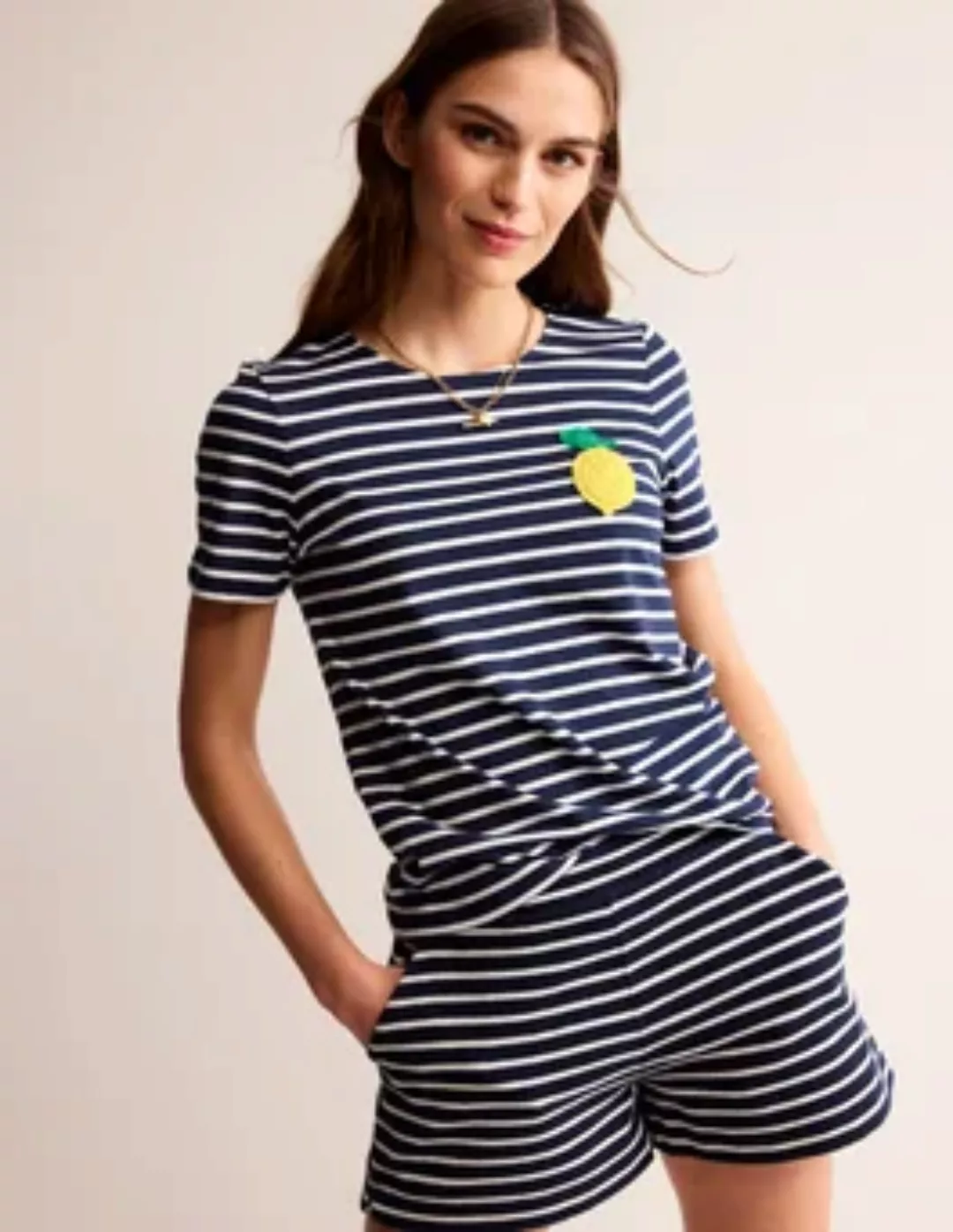 Gehäkeltes T-Shirt Damen Boden, Marineblau, Naturweiß Zitronen günstig online kaufen