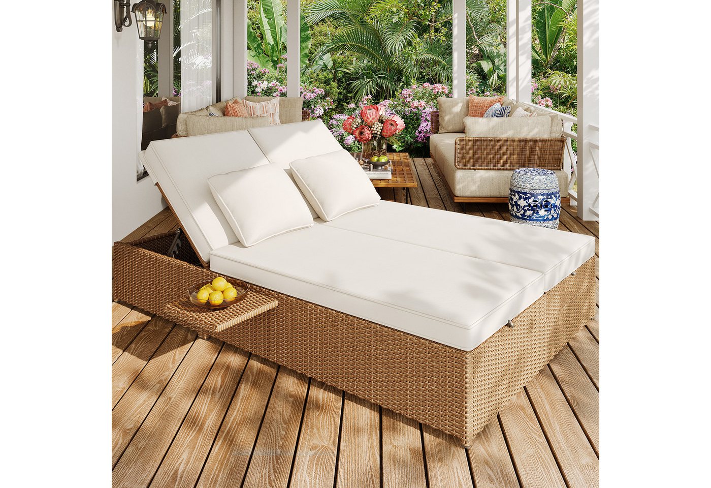 MODFU Sofa Outdoor Rattansofa,Rattan Liege,mit abnehmbaren Kissen, Outdoor günstig online kaufen