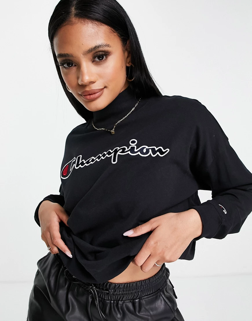 Champion – Hochgeschlossenes Sweatshirt in Schwarz mit großem Logo günstig online kaufen