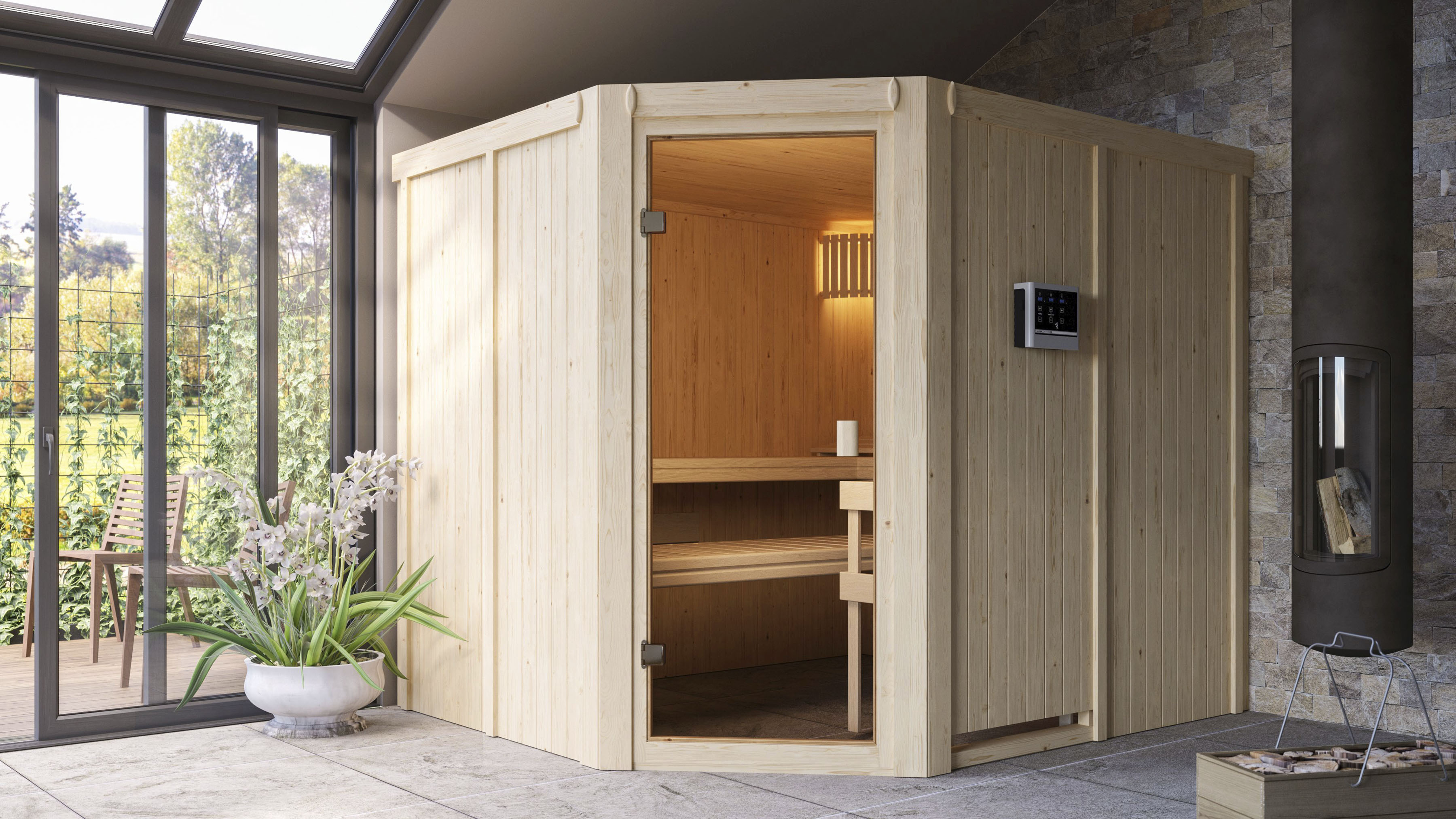 Karibu Sauna »"Homa " mit bronzierter Tür naturbelassen mit Ofen 9 kW ext. günstig online kaufen