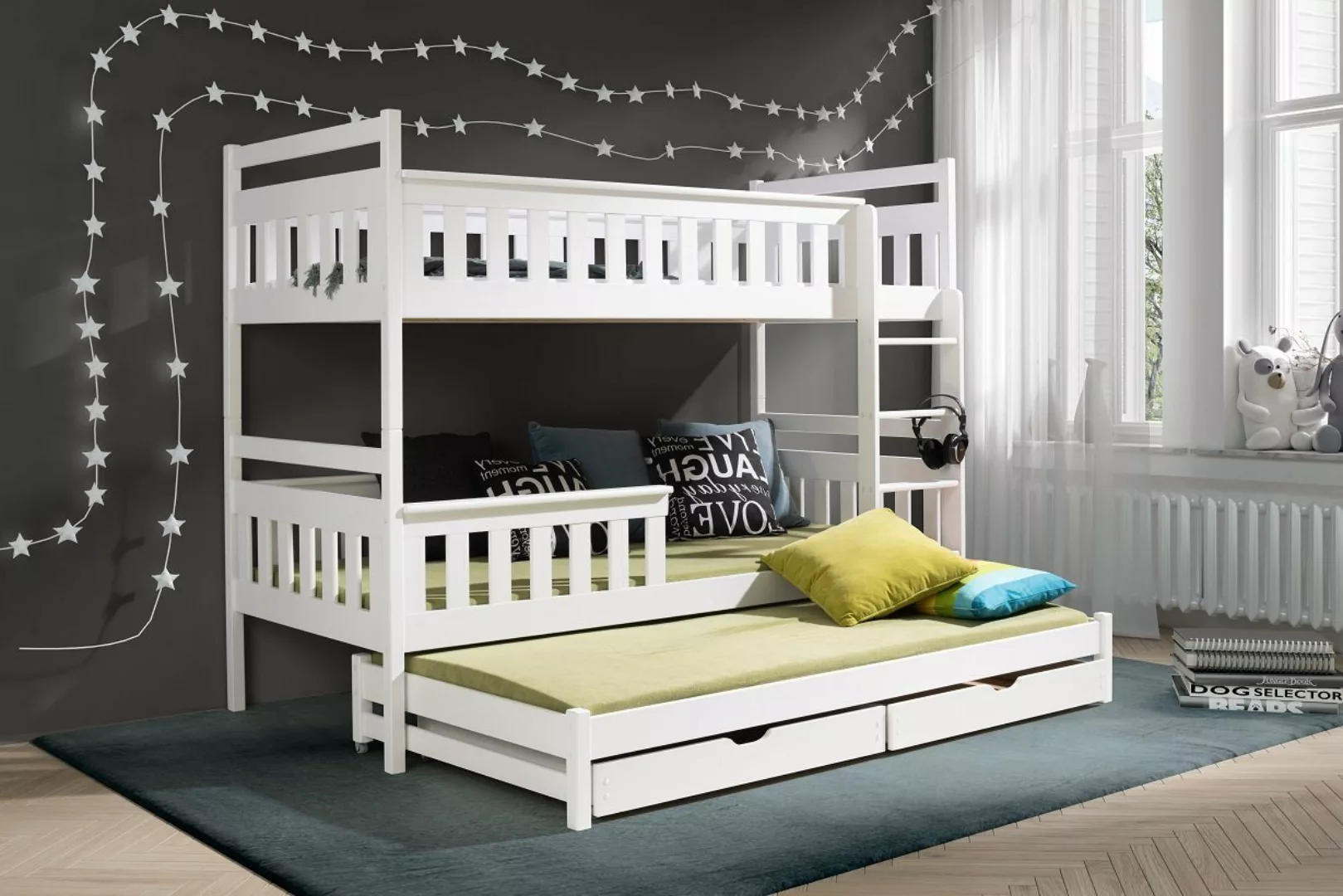 Deine Möbel 24 Etagenbett Hochbett KEV für 3 Kinder 90x200 Weiß (Vollholz m günstig online kaufen