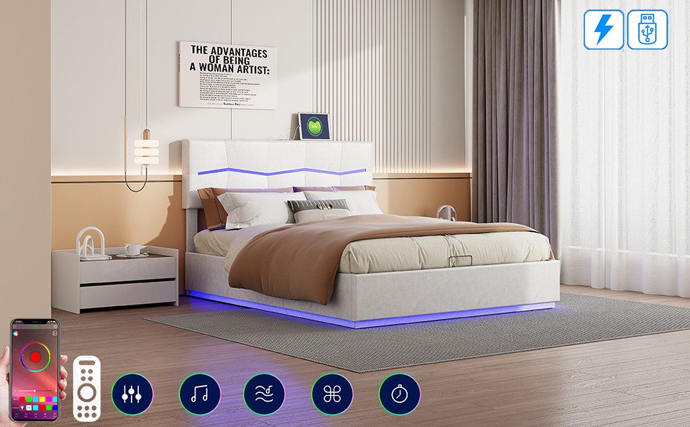 FUROKOY Polsterbett LED Doppelbett Hydraulischer Bettgestell Bett mit Staur günstig online kaufen