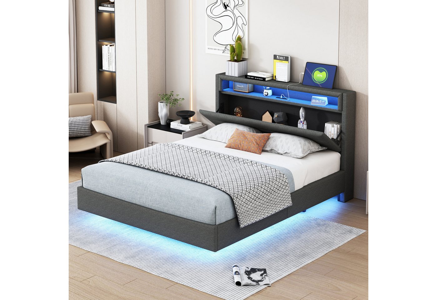Flieks Polsterbett, LED Doppelbett 140x200cm mit USB-Laden und Stauraum am günstig online kaufen