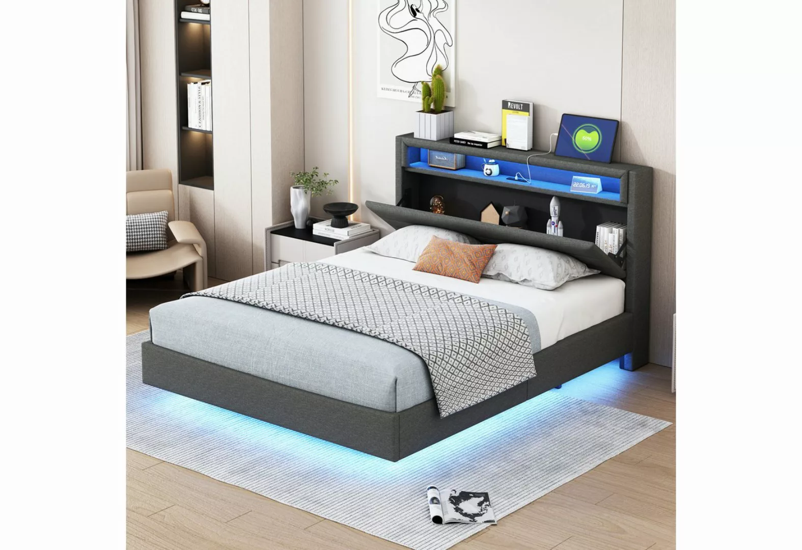 HAUSS SPLOE Polsterbett 140x200 cm mit USB-Steckdose und LED-Licht, Leinens günstig online kaufen