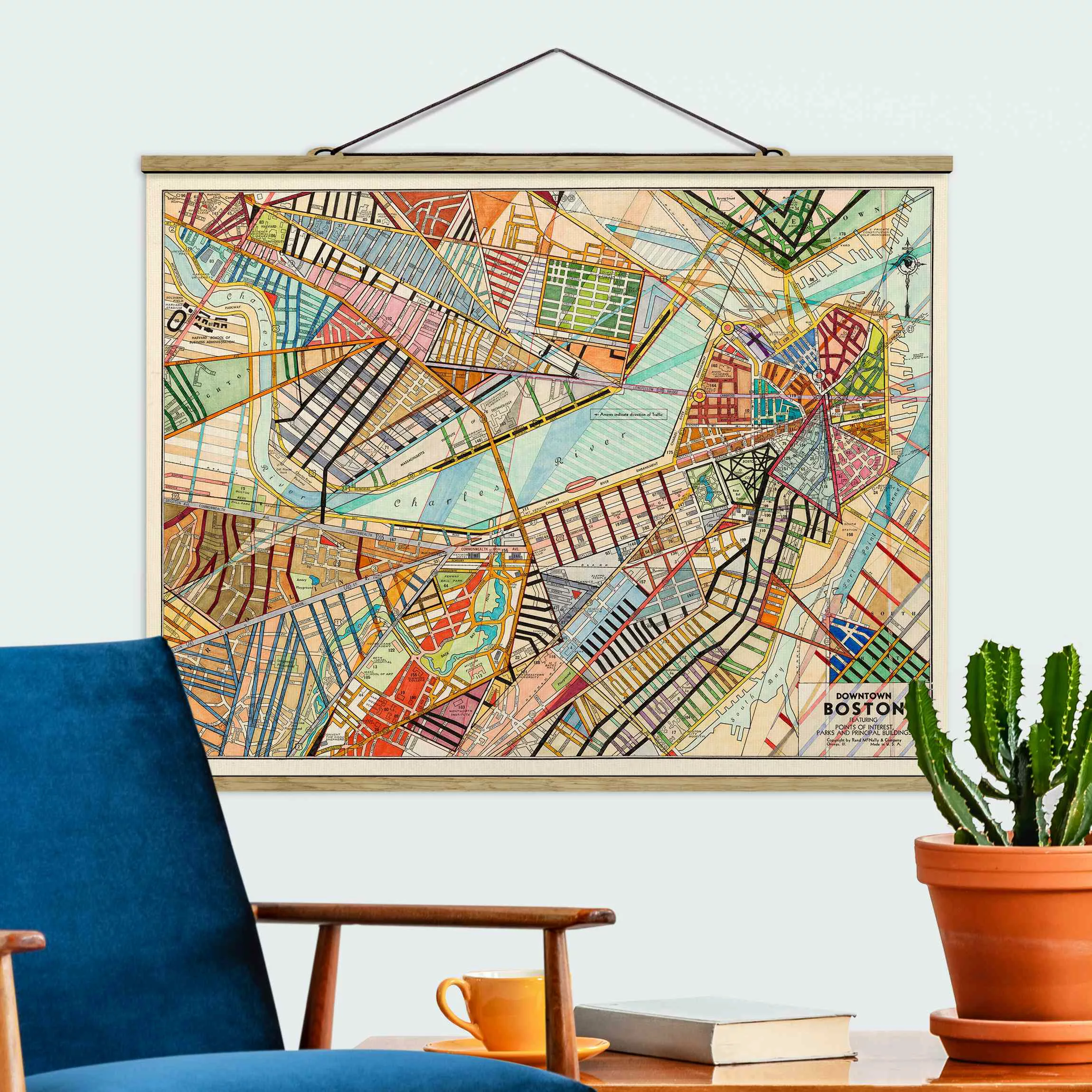 Stoffbild Karten mit Posterleisten - Querformat Moderne Karte von Boston günstig online kaufen