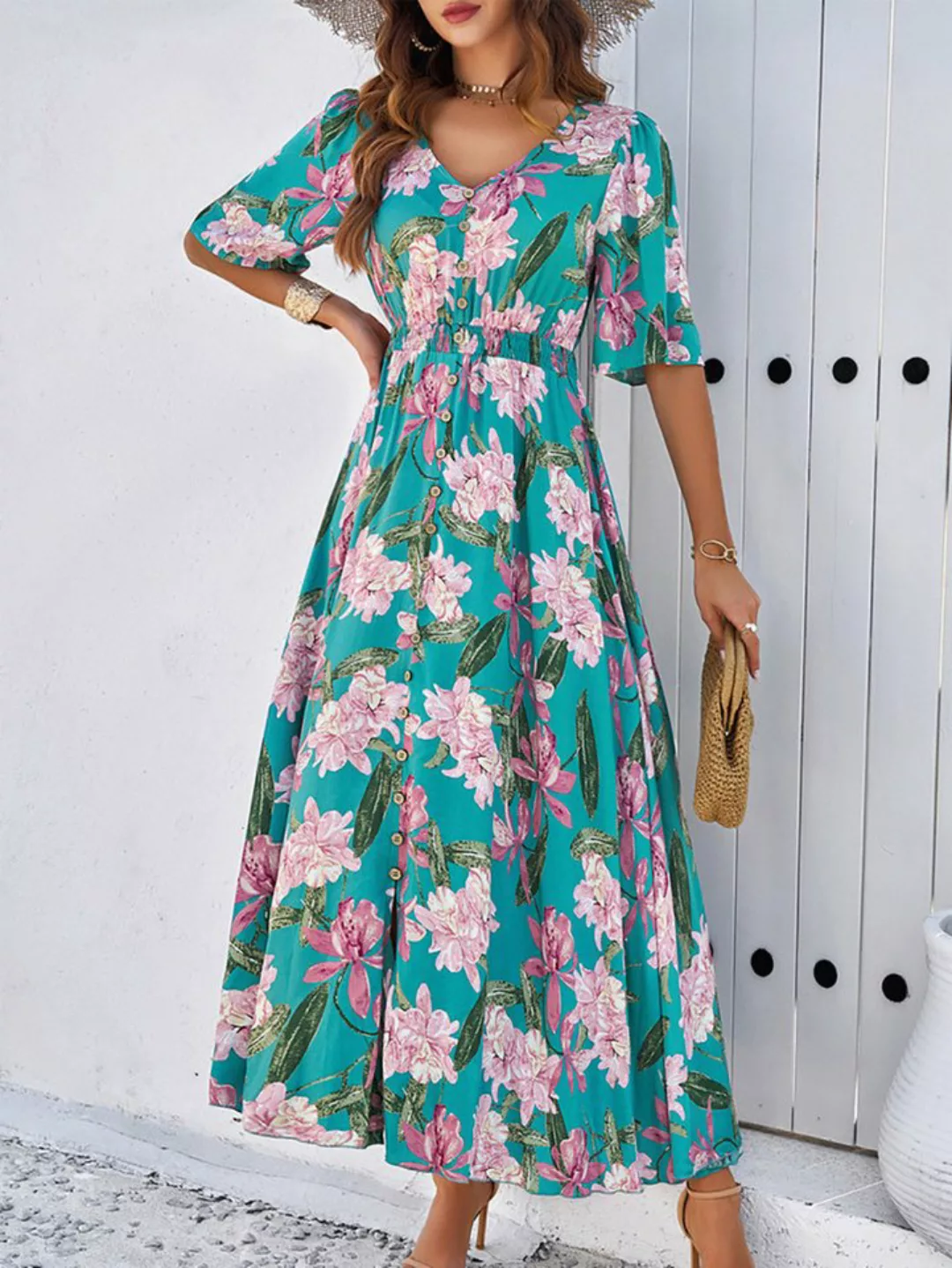 BlauWave Druckkleid Floral Print V-Ausschnitt Kleid (1-tlg., Knopf vorne ku günstig online kaufen