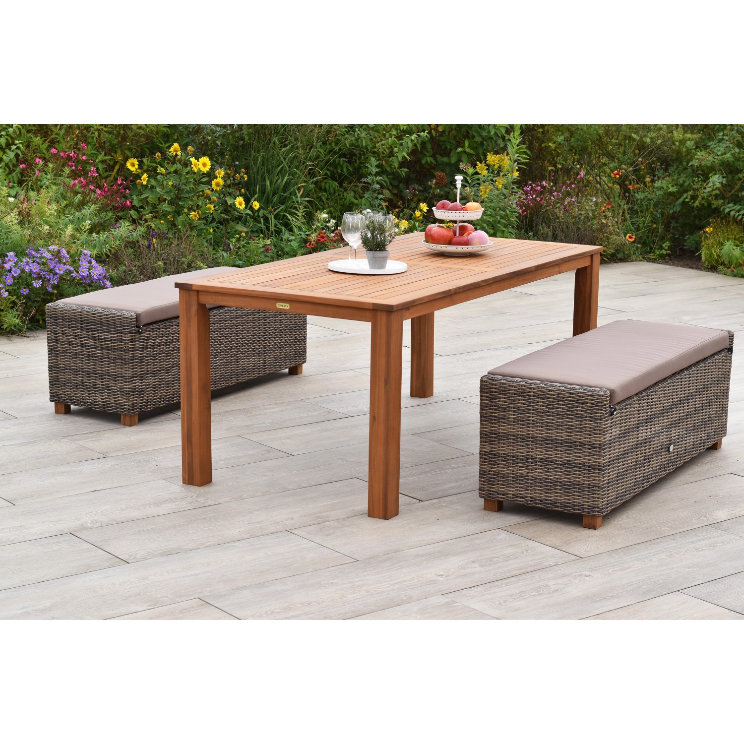 Merxx Toskana Set 5-tlg. 2 Bänke inkl. Auflage Gartentisch 185 x 90 cm günstig online kaufen
