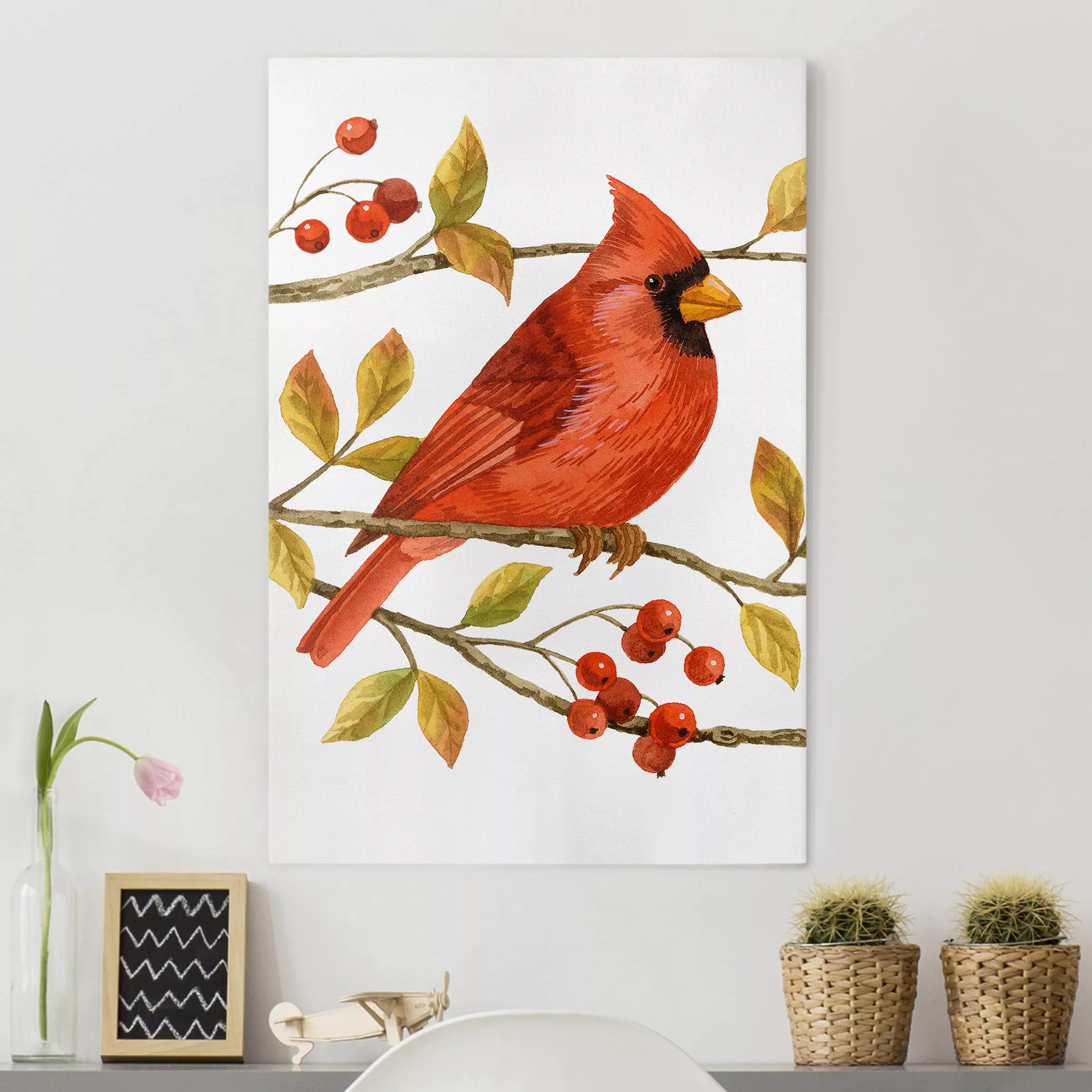 Leinwandbild Tiere - Hochformat Vögel und Beeren - Rotkardinal günstig online kaufen