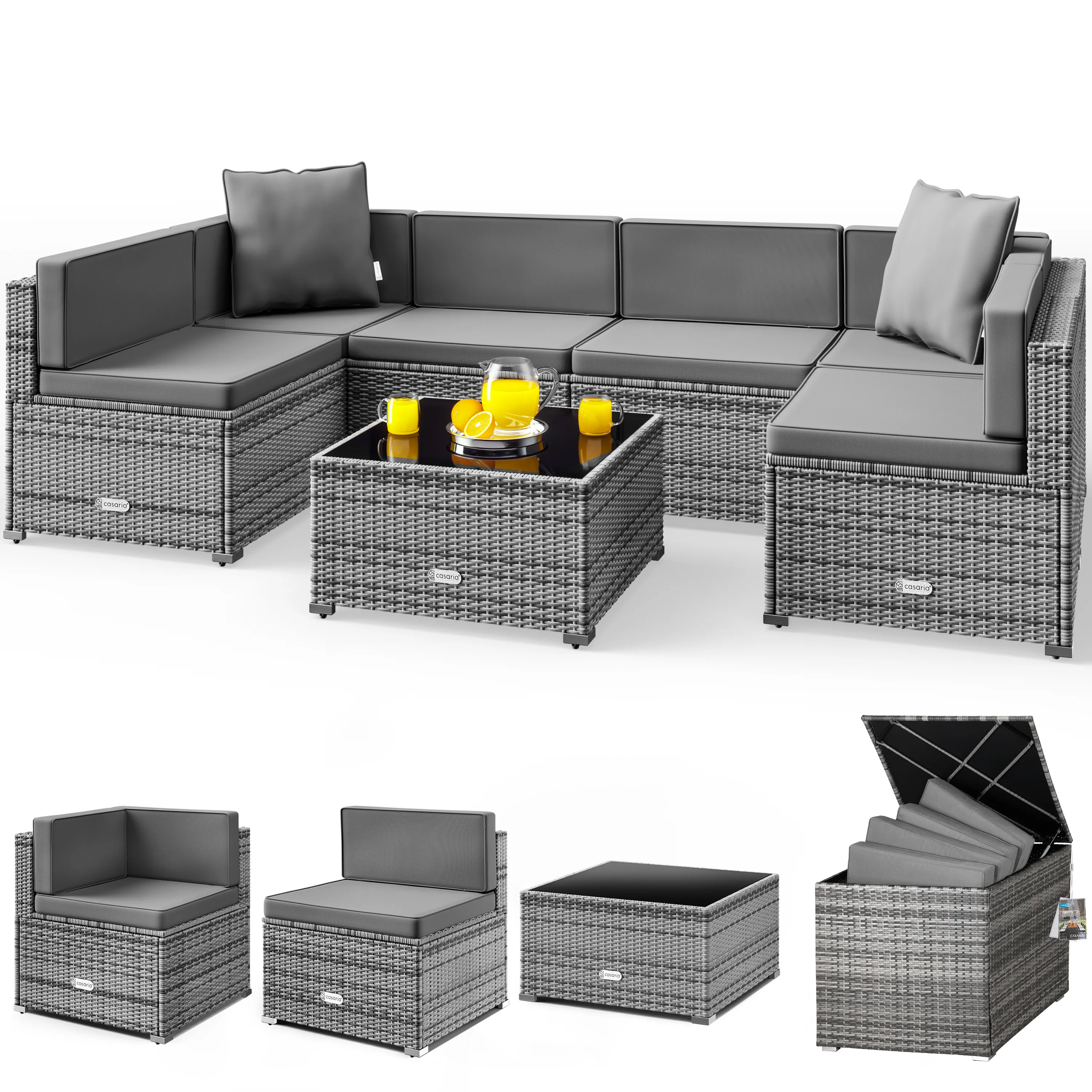 Polyrattan Ecklounge Grau/Anthrazit mit Polyrattan Auflagenbox Grau günstig online kaufen