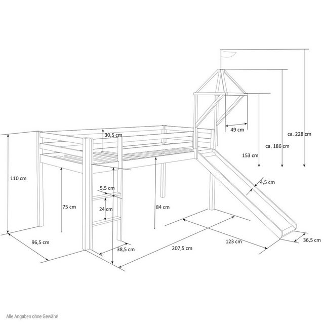 Homestyle4u Hochbett 90x200 cm Weiß mit Vorhang Sterne Grau Spielbett für 1 günstig online kaufen