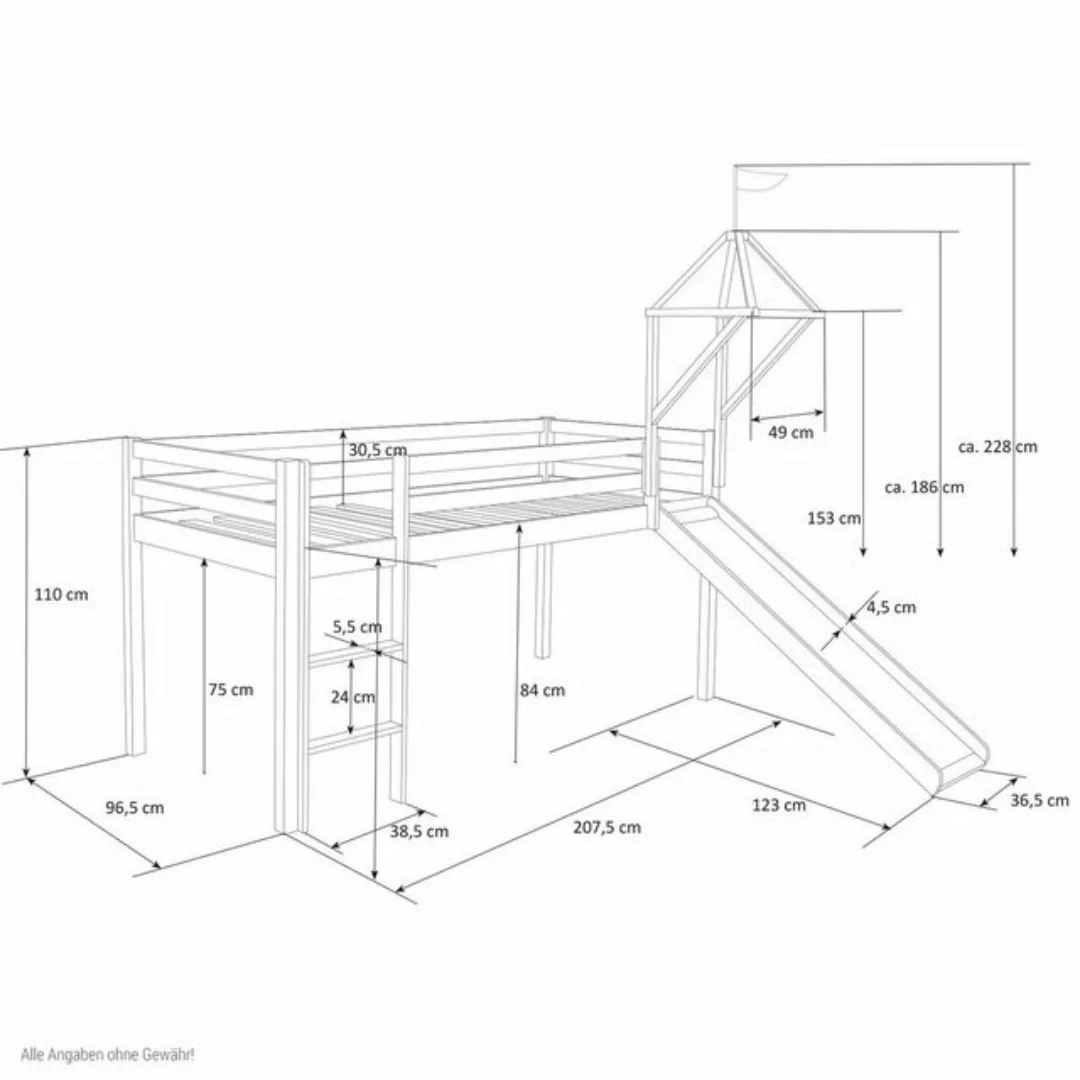 Homestyle4u Hochbett 90x200 cm Grau mit Vorhang Sterne für 1 Kind Kiefer Ma günstig online kaufen