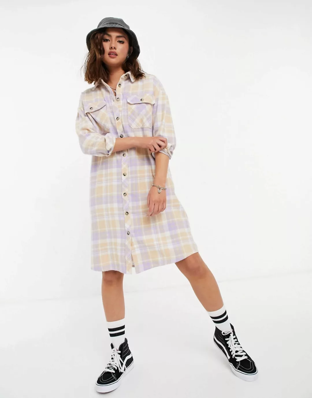 Pimkie – Kariertes Longline-Hemdkleid in Lila günstig online kaufen