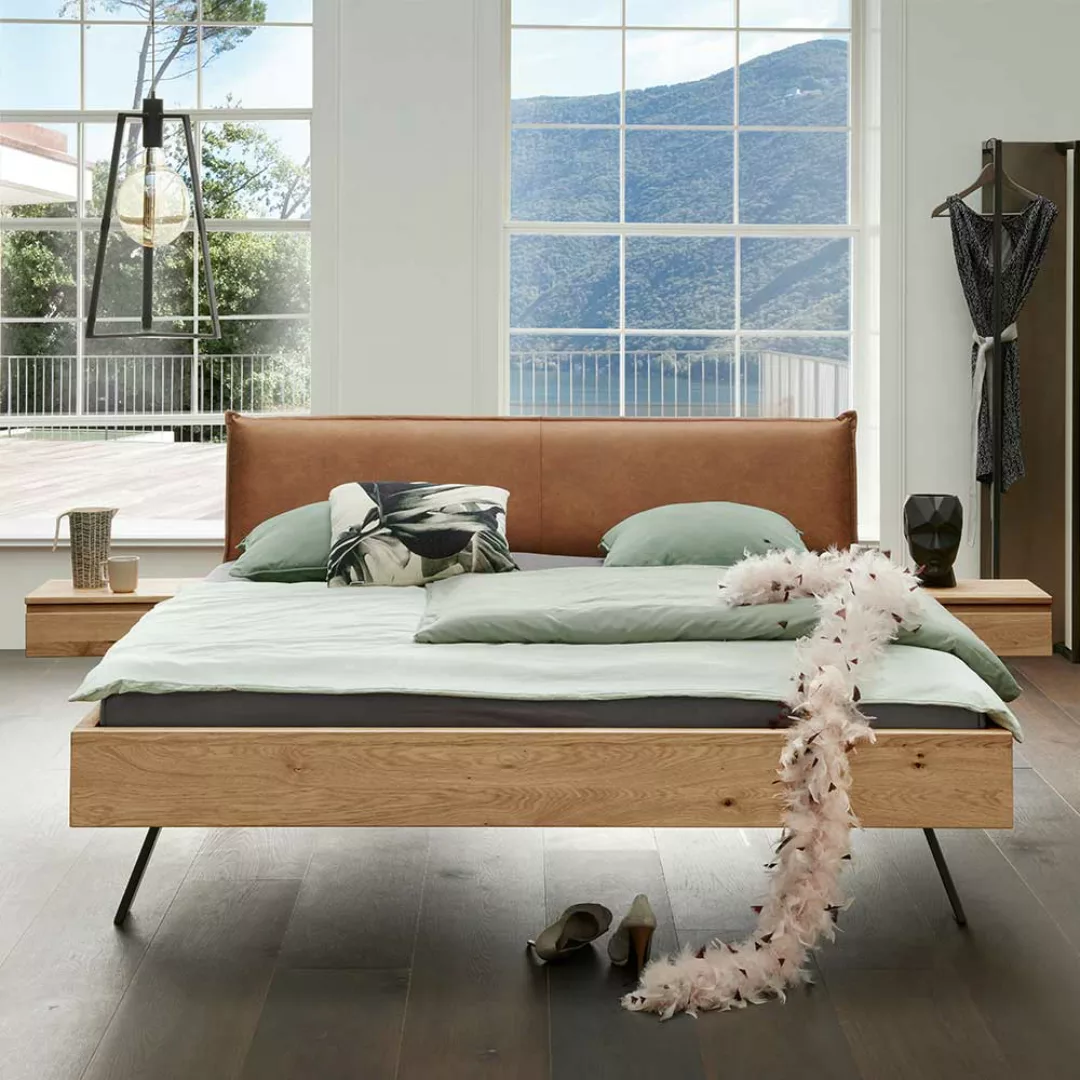 Bett mit Konsolen und Polster in Braun Wildeiche Massivholz & Metall (dreit günstig online kaufen