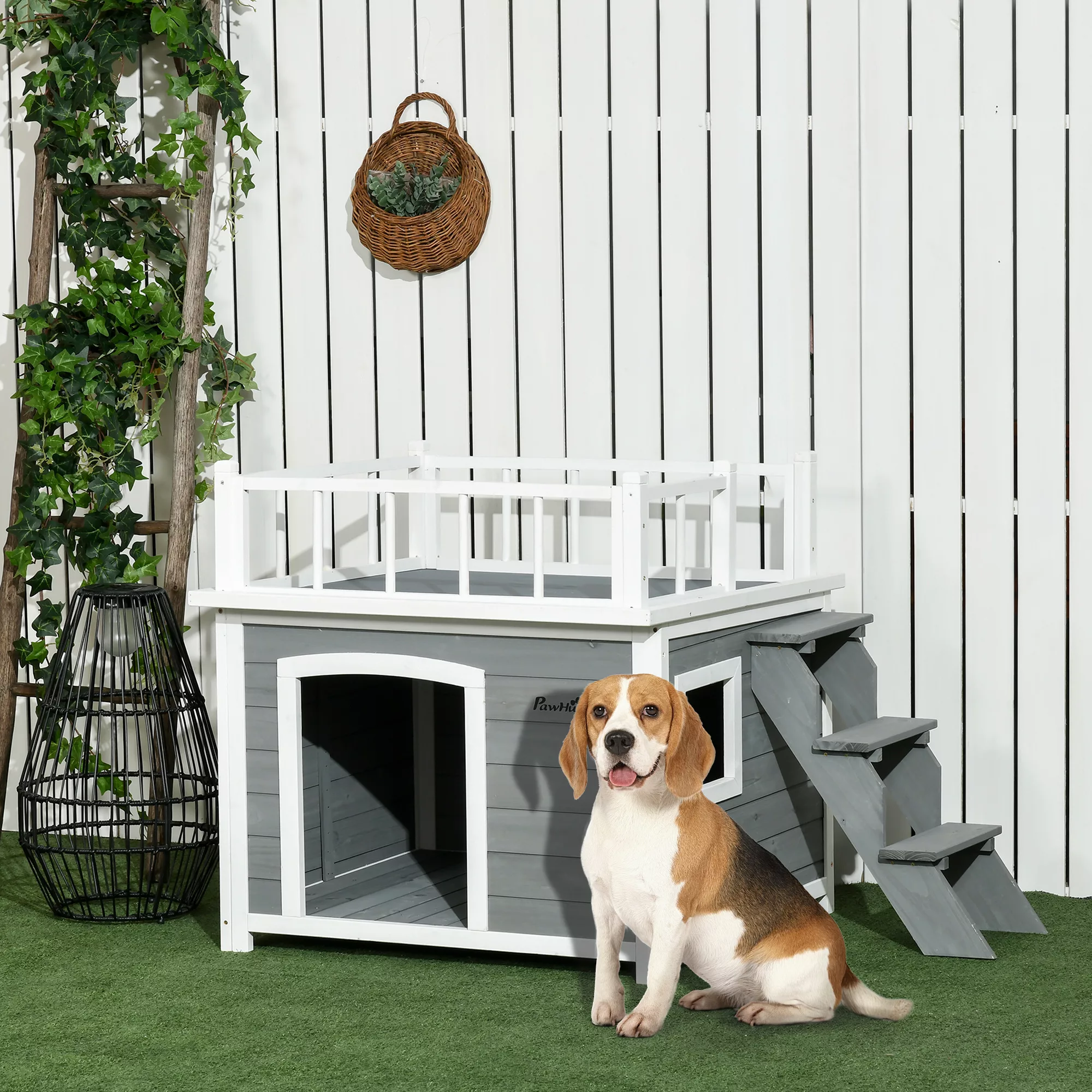 PawHut Hundehütte Hundehaus mit Balkon, Erhöhtes Kleintierhaus mit Treppe, günstig online kaufen