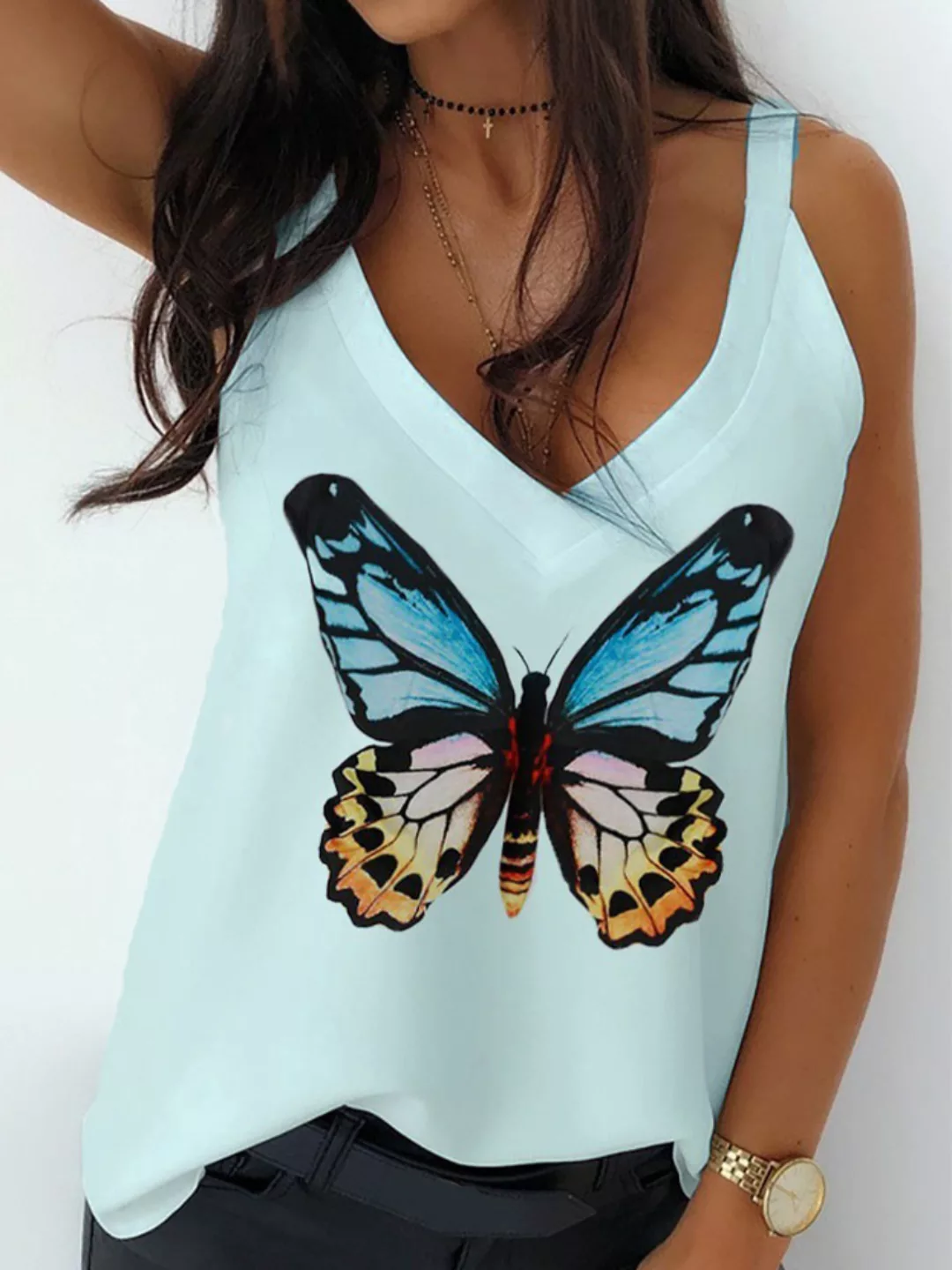 Mit Schmetterling bedrucktes Trägershirt mit V-Ausschnitt für Damen günstig online kaufen