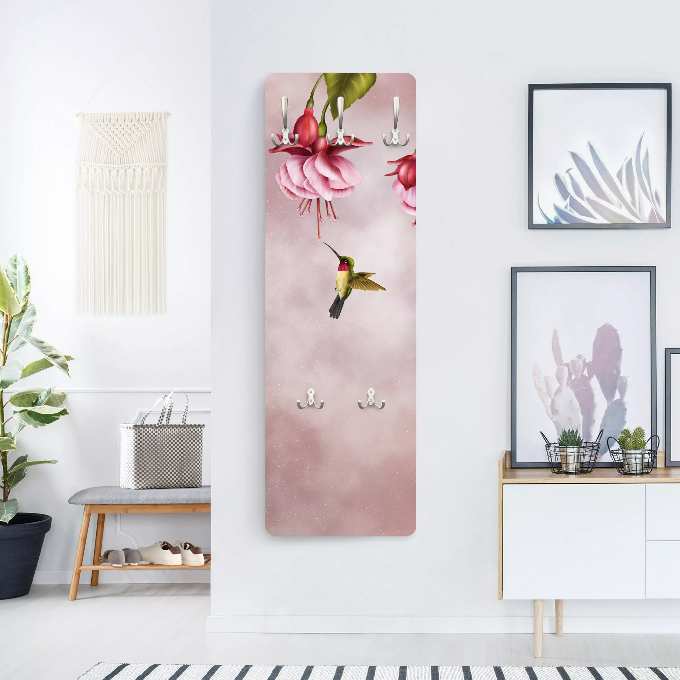 Wandgarderobe Holzpaneel Blumen Kolibri günstig online kaufen