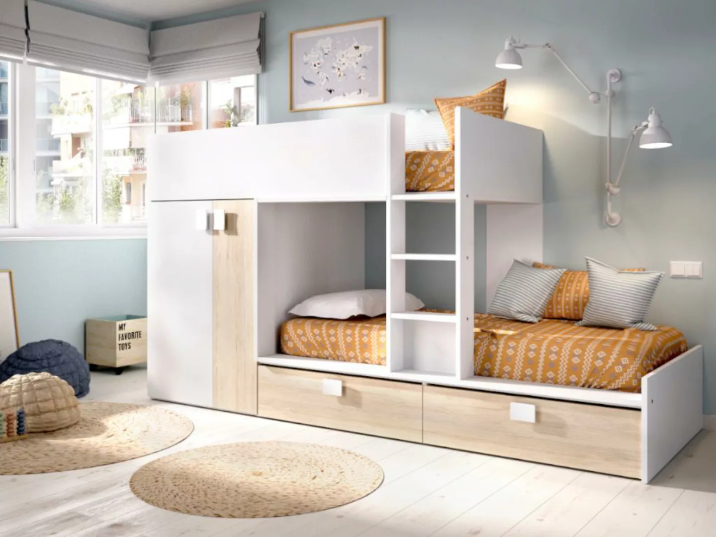 Etagenbett mit Kleiderschrank + Matratzen - 2x 90 x 190 cm - Weiß & Naturfa günstig online kaufen