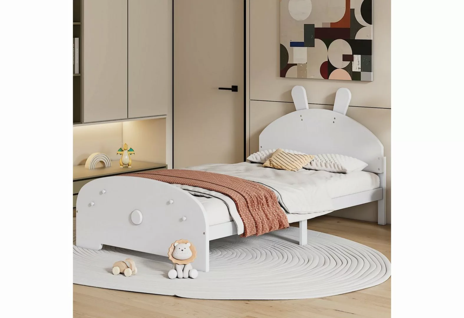 Flieks Massivholzbett, Kinderbett Einzelbett mit Hasenform Kopfteil 90x200c günstig online kaufen