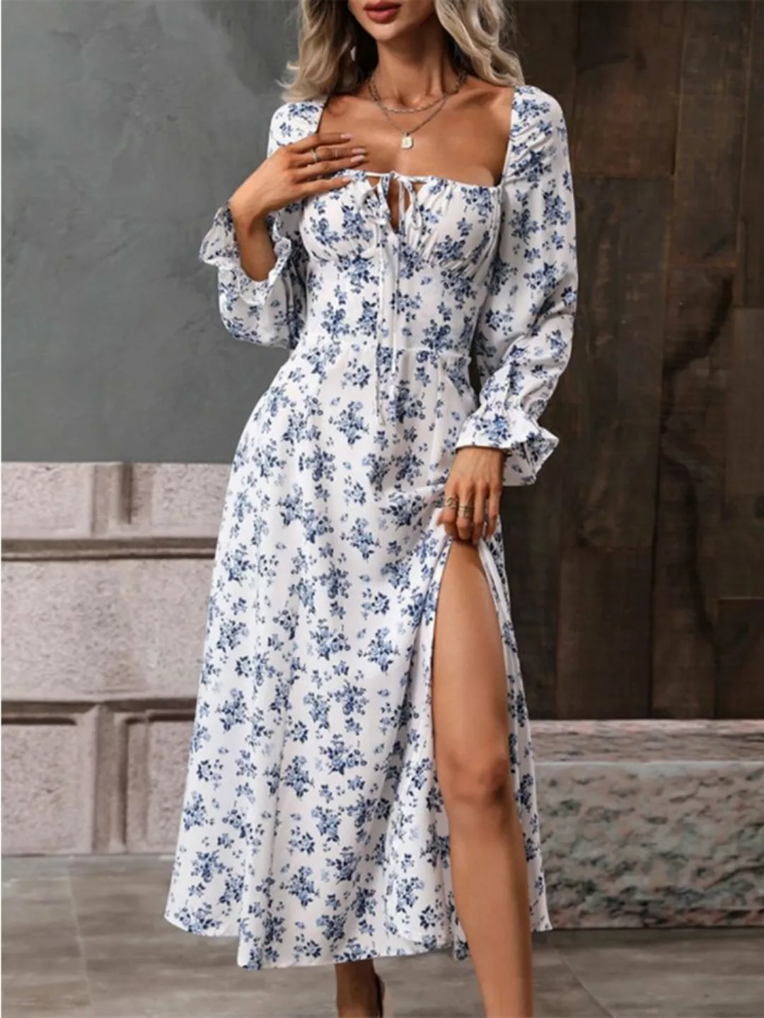 jalleria Dirndl Damen Bedrucktes langärmliges rückenfreies Kleid hoher Tail günstig online kaufen